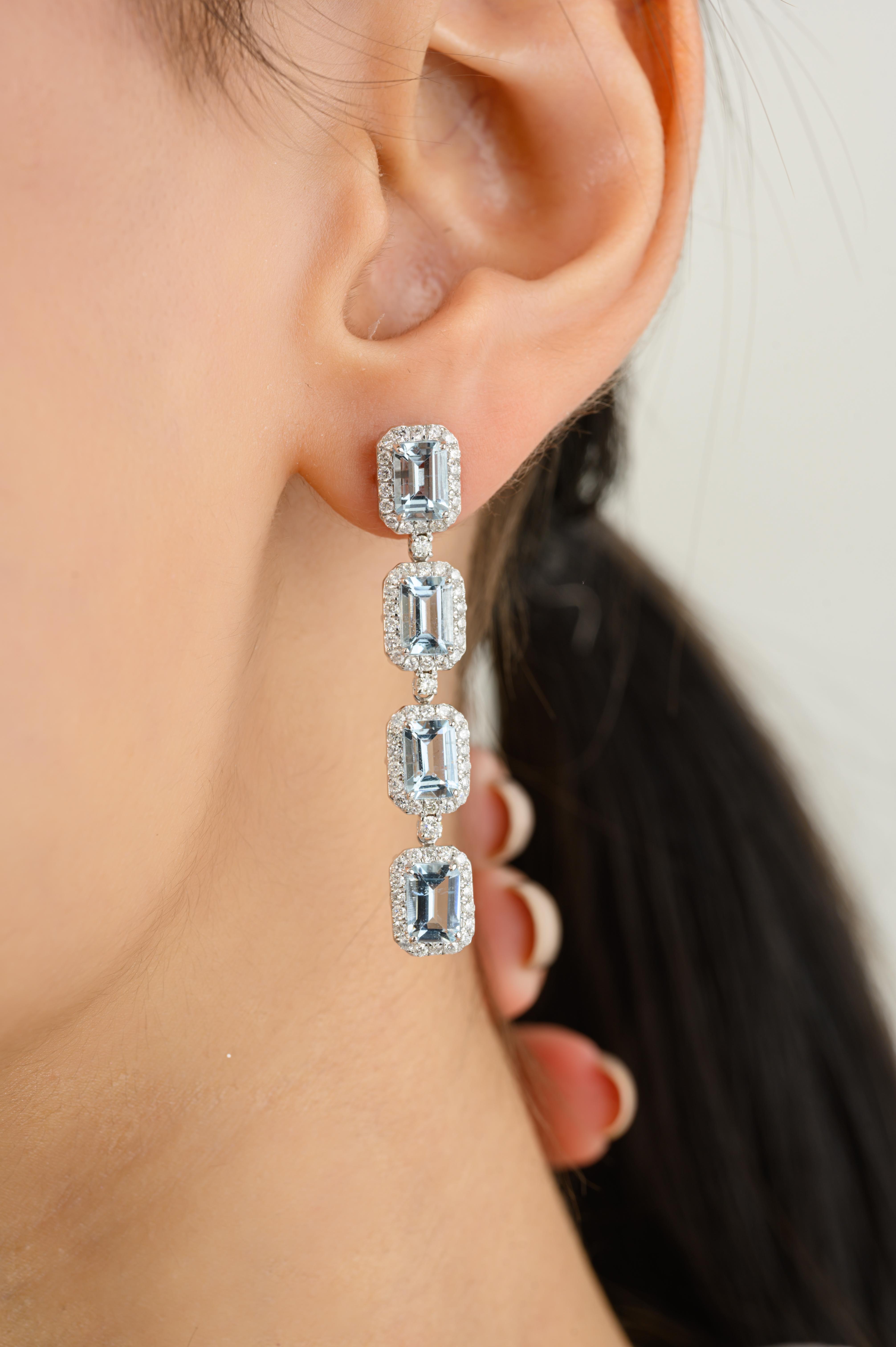 3,75 Karat Aquamarin Diamant Halo lange Ohrringe in 18k massivem Weißgold im Angebot 2