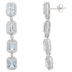 Pendientes colgantes largos con halo de diamantes y aguamarina de 3,75 quilates en oro blanco macizo de 18 quilates