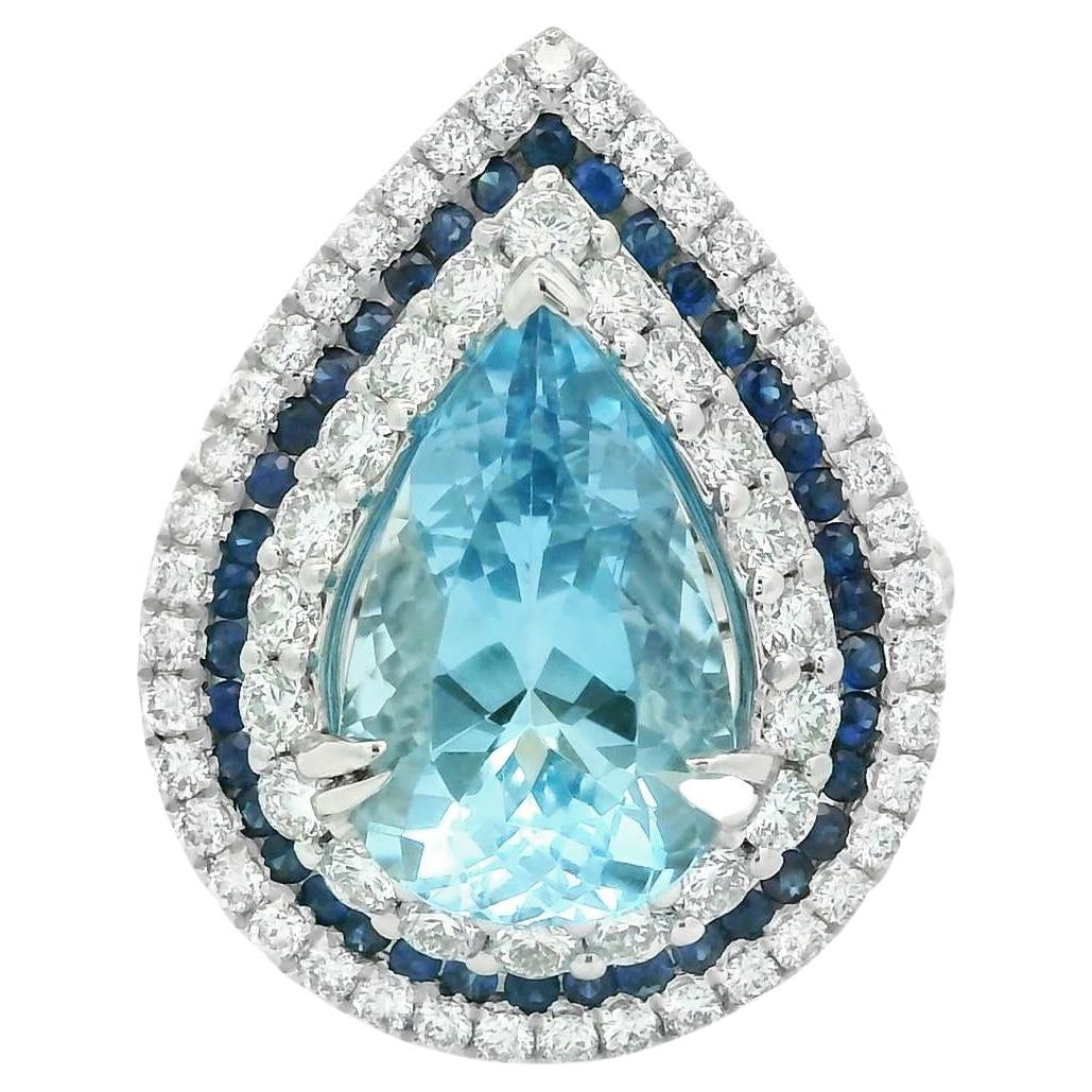 3,75 Quilates Aguamarina Diamante Zafiro Multi-Halo Anillo de Oro Blanco de 18k en venta