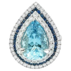 3.75 Carat Aquamarine Diamond Sapphire Multi-Halo 18k White Gold Ring