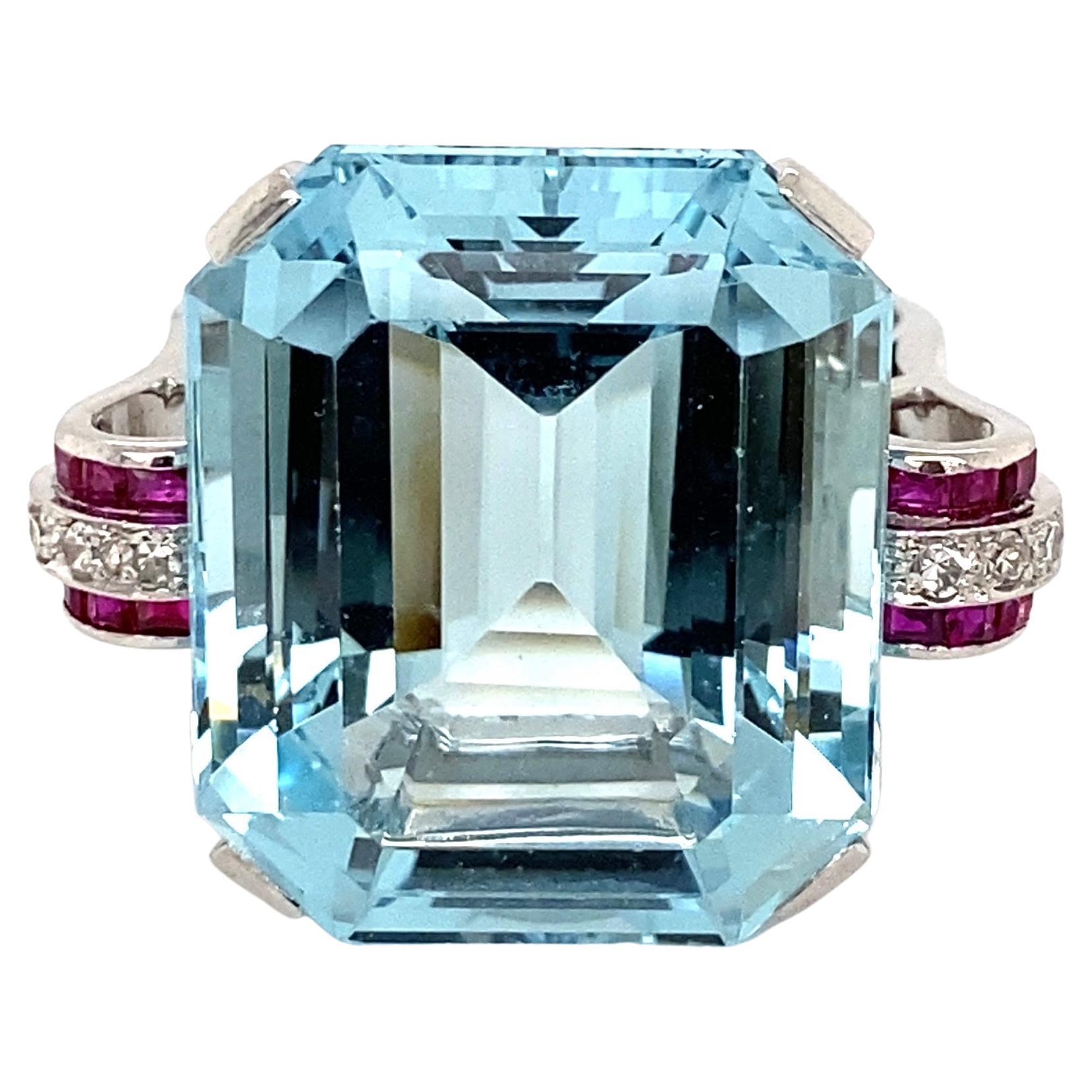 37.5 Carat Aquamarine Ruby and Diamond Platinum Ring Estate Fine Jewelry