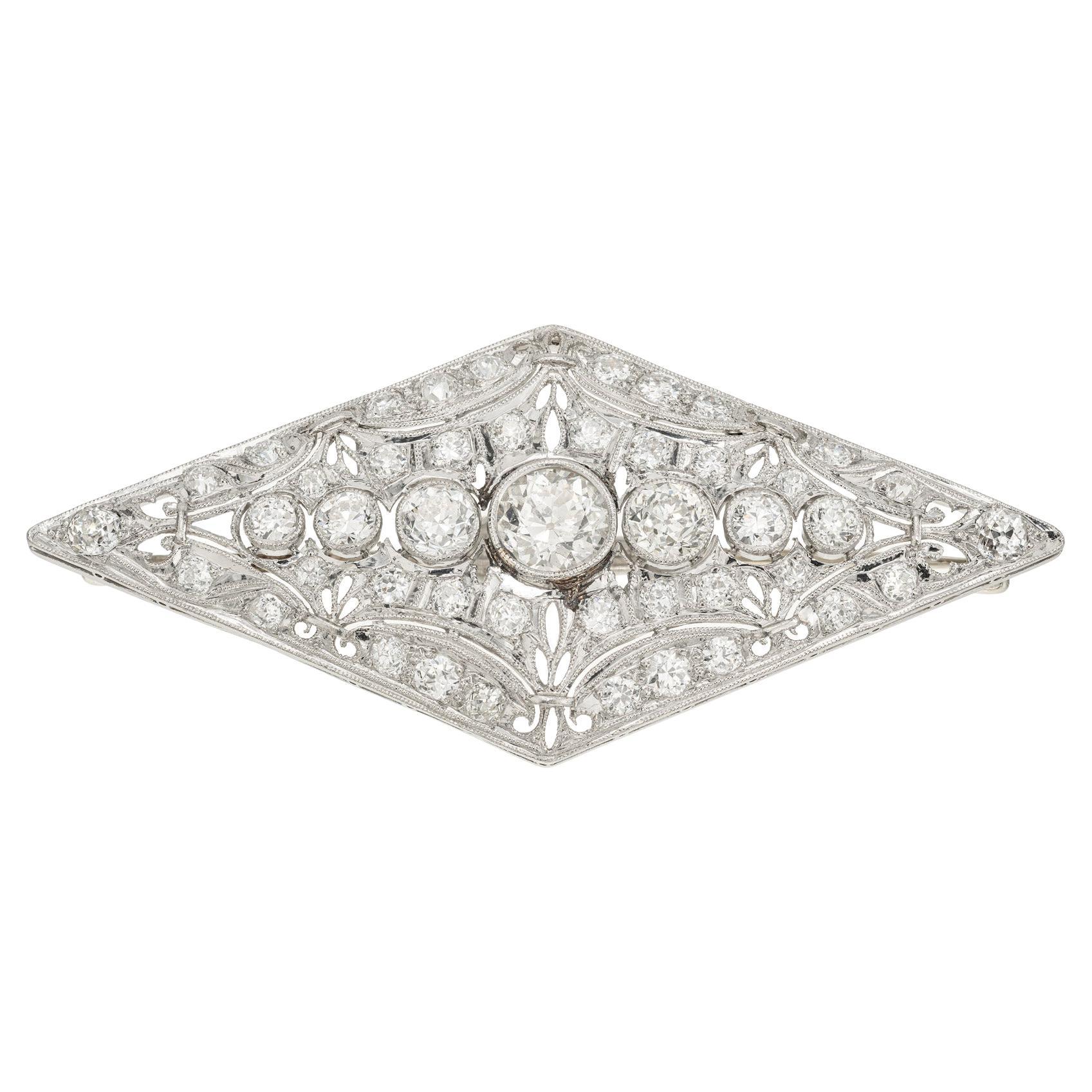 3,75 Karat Art Deco Alteuropäischer Diamant Platin Gold Brosche