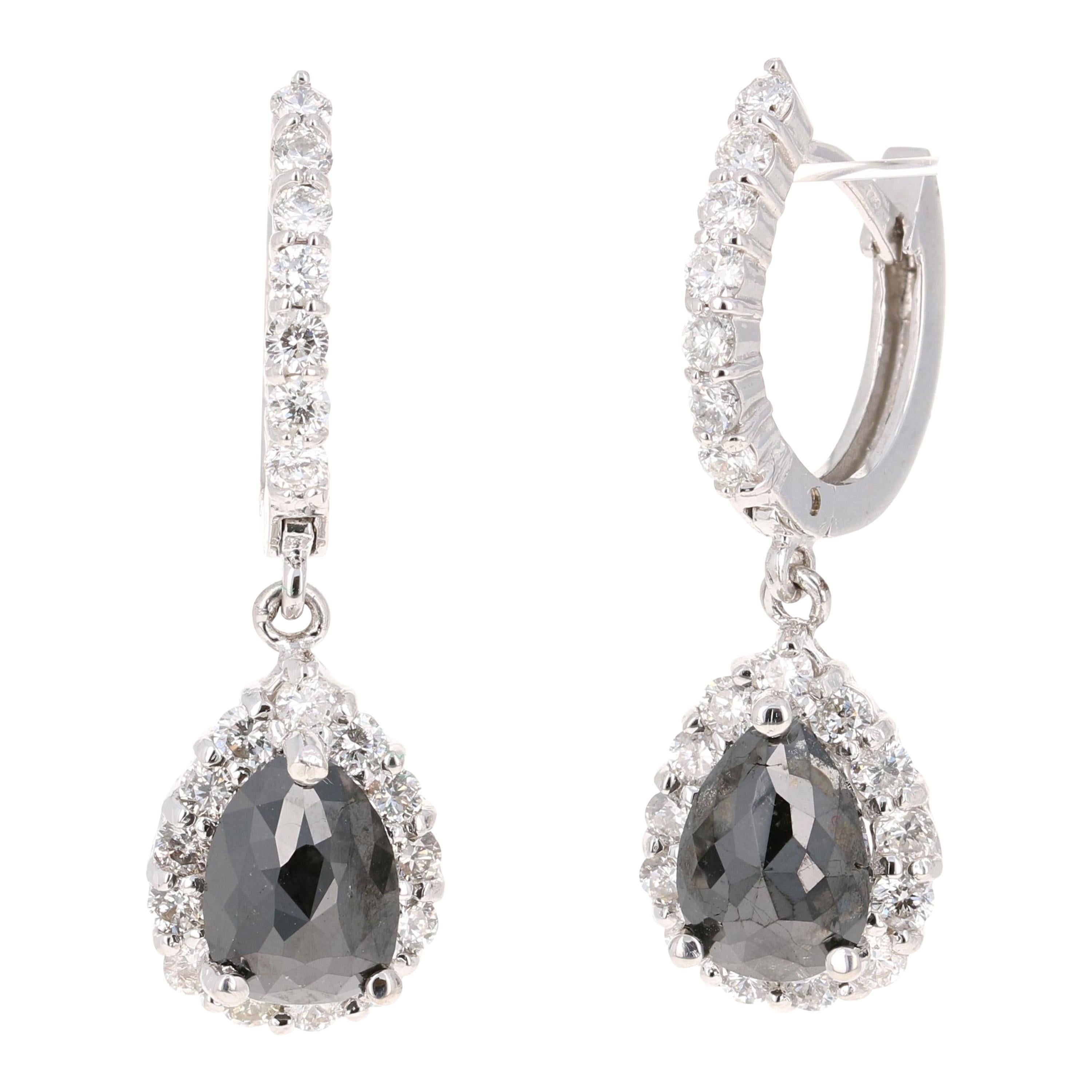 3.75 Carat Black Diamond White Gold Dangle Earrings For Sale