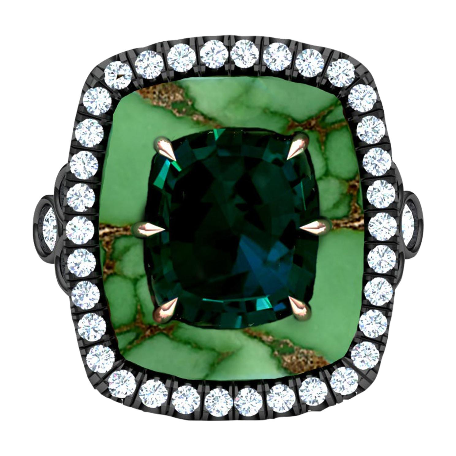 3.75 Carat Blue Green Sapphire and Turquoise Diamond Ring