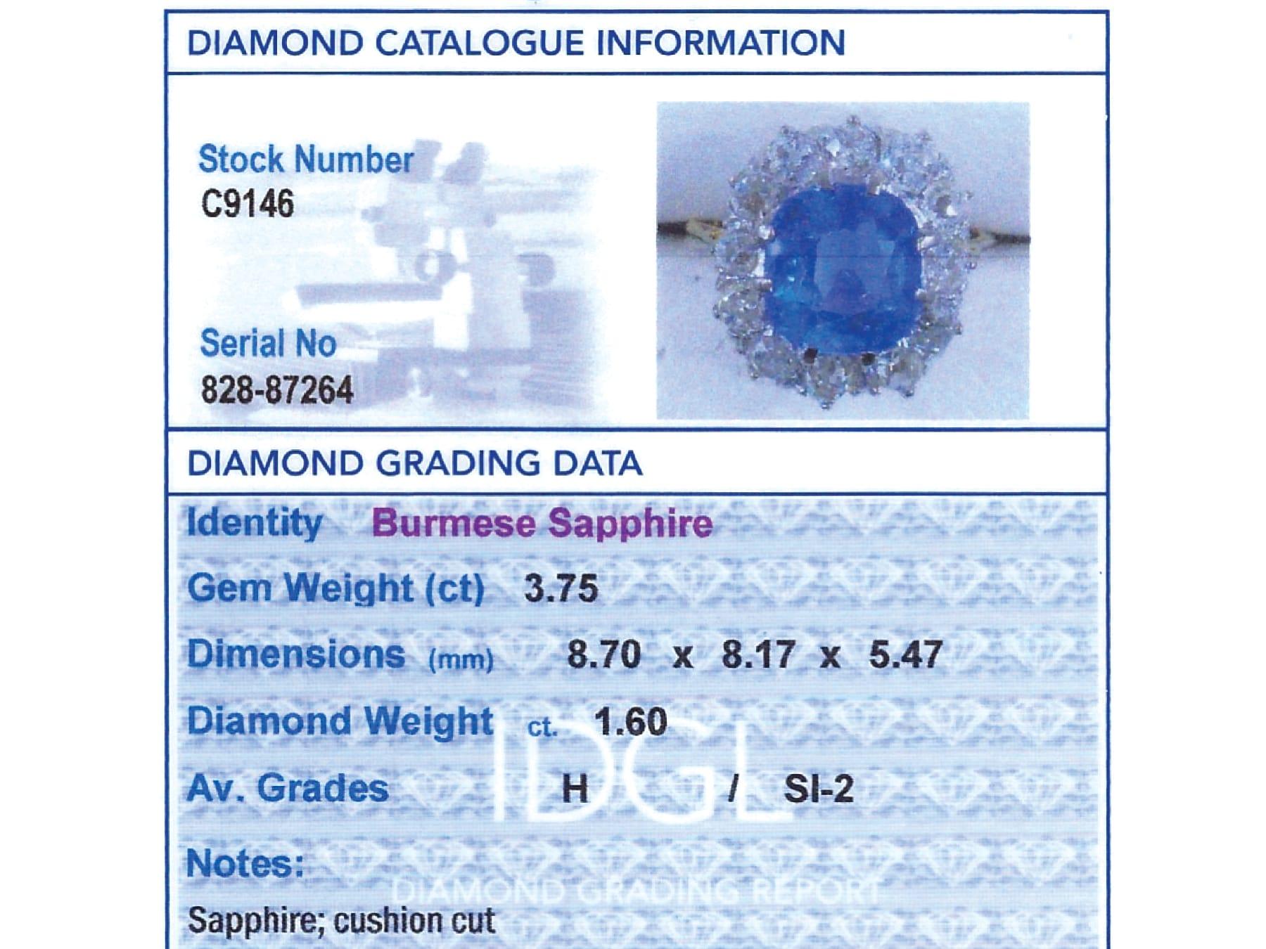 3.75 Carat Burmese Sapphire 1.60 Carat Diamond 15k Yellow Gold Ring Circa 1935 For Sale 6