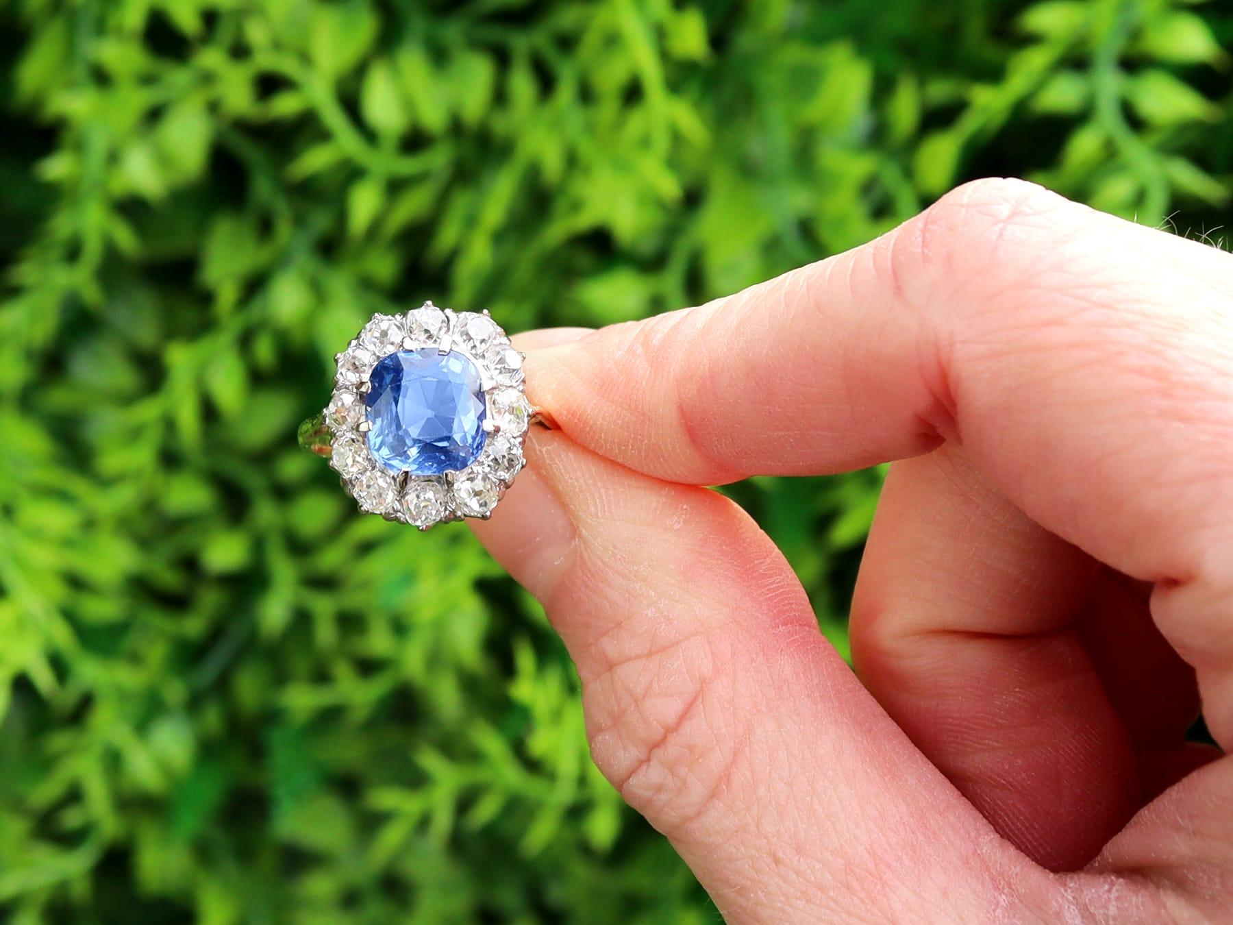 A stunning, fine and impressive antique 3.75 carat Burmese sapphire, 1.60 carat diamond, 15 karat yellow gold and 15 karat white gold set ring; part of our diverse collection of cushion cut engagement rings.

This stunning, fine and impressive