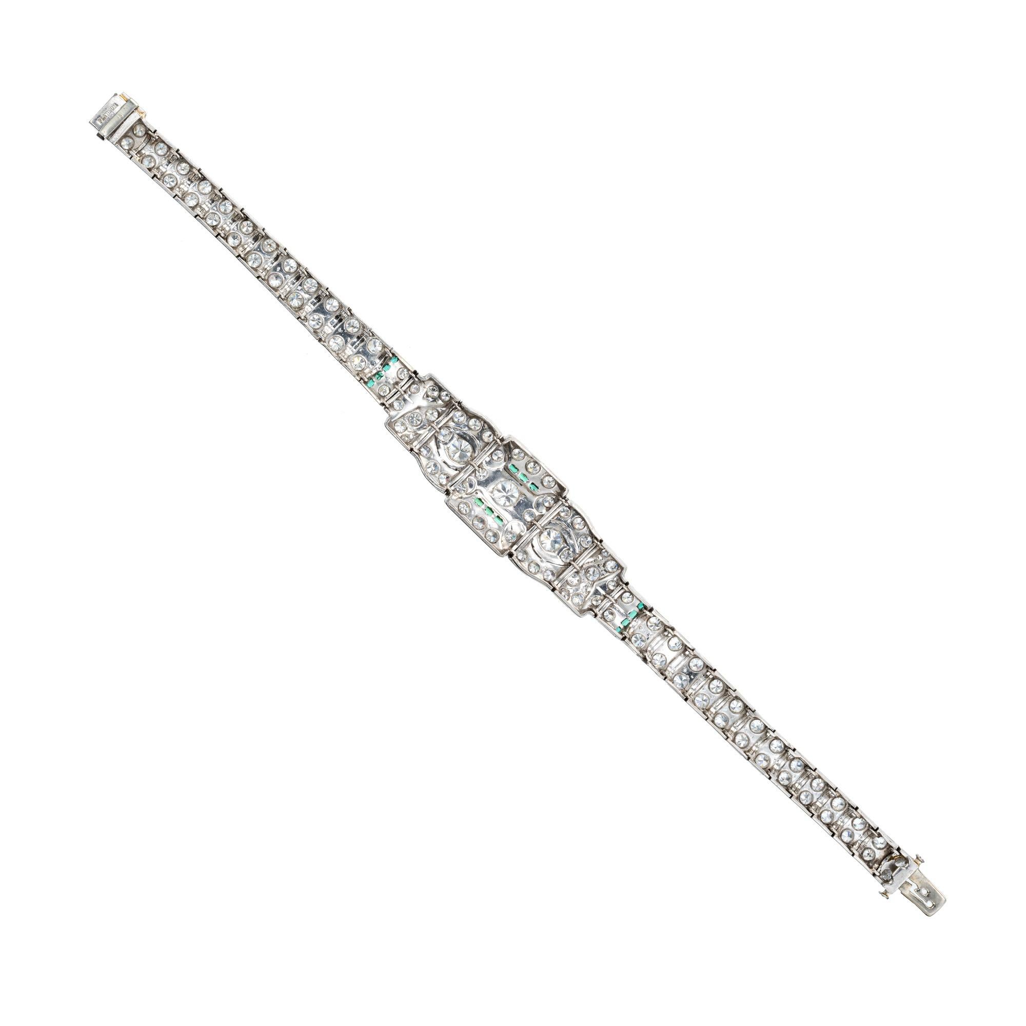 3.75 Carat Diamond Emerald Art Deco Platinum Bracelet In Good Condition For Sale In Stamford, CT
