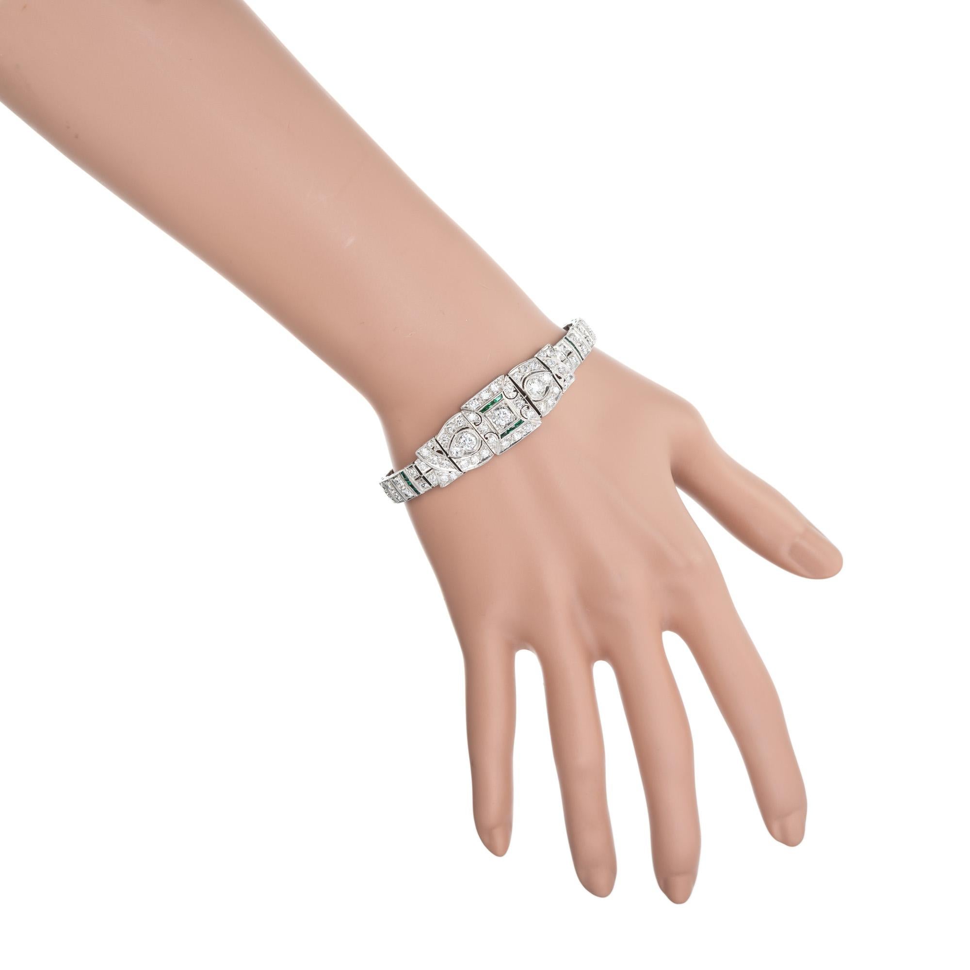 3.75 Carat Diamond Emerald Art Deco Platinum Bracelet For Sale 1