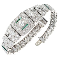 3.75 Carat Diamond Emerald Art Deco Platinum Bracelet