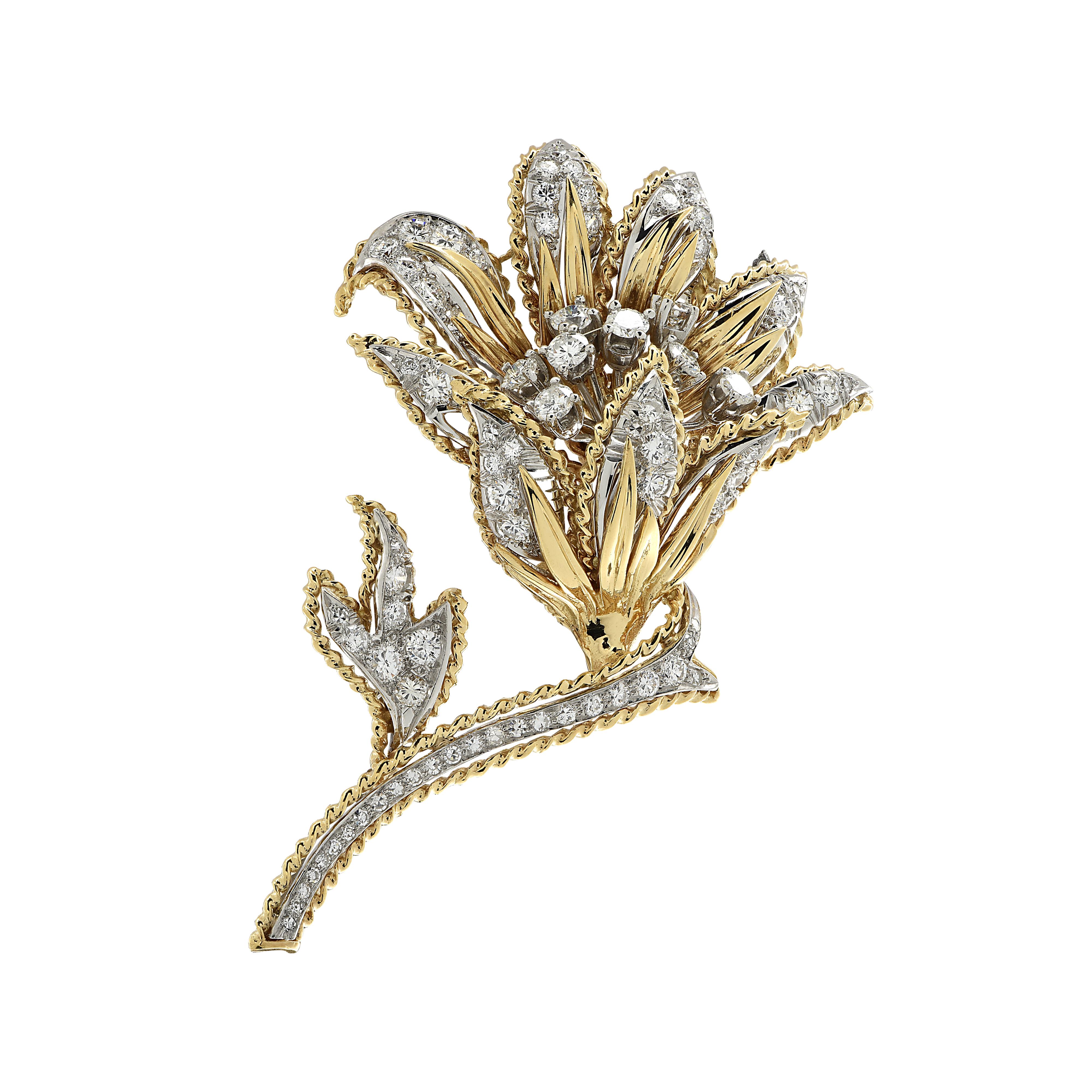 3.75 Carat Diamond Platinum and Yellow Gold Flower Brooch Pin In Good Condition In Miami, FL