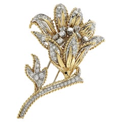 3.75 Carat Diamond Platinum and Yellow Gold Flower Brooch Pin