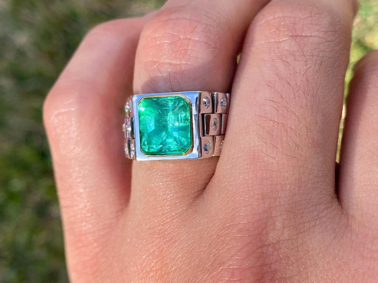 Emerald Cut 3.75 Carat Emerald-Cut Colombian Emerald and White Diamond Platinum Men's Ring