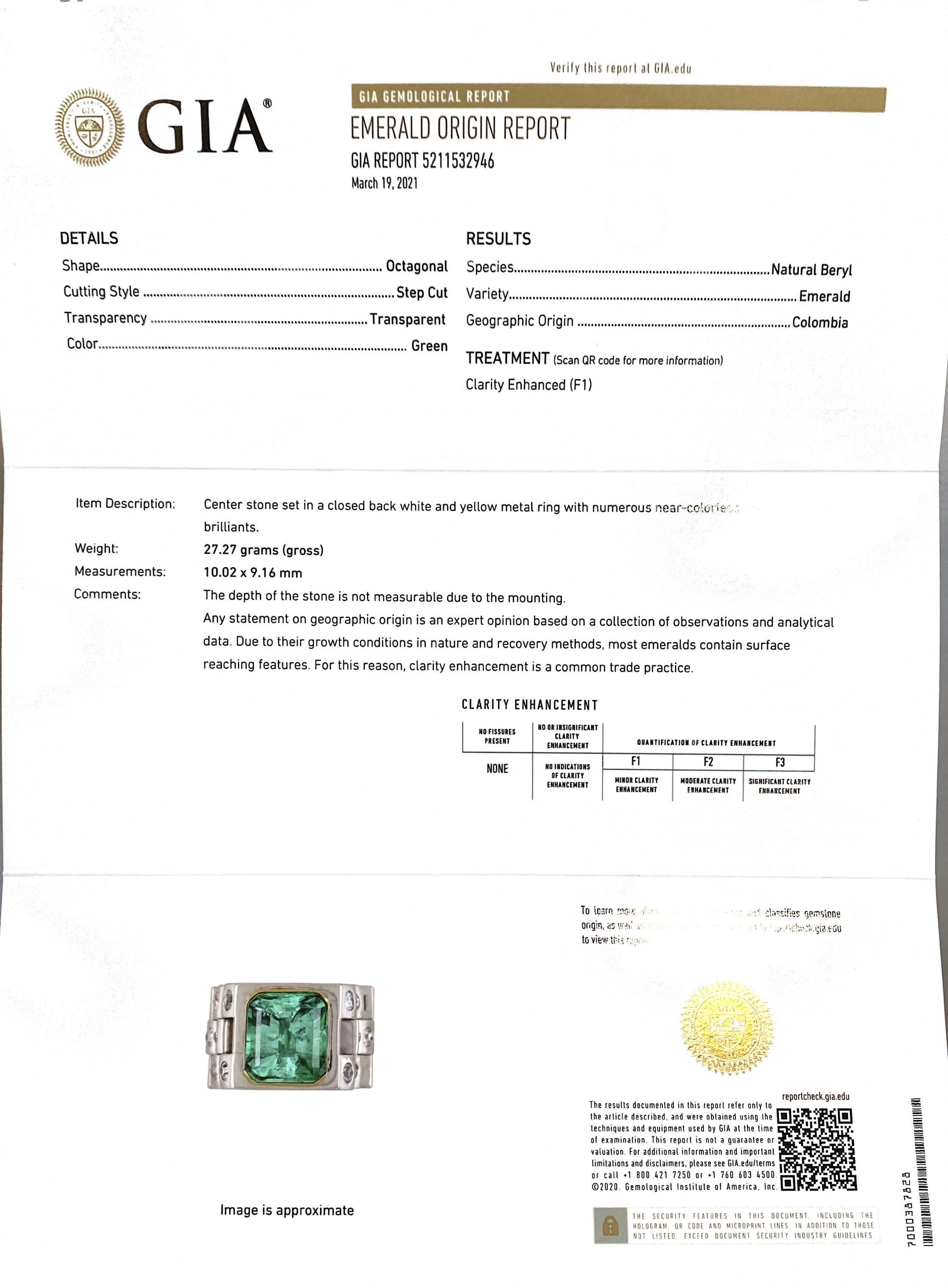 3.75 Carat Emerald-Cut Colombian Emerald and White Diamond Platinum Men's Ring 1