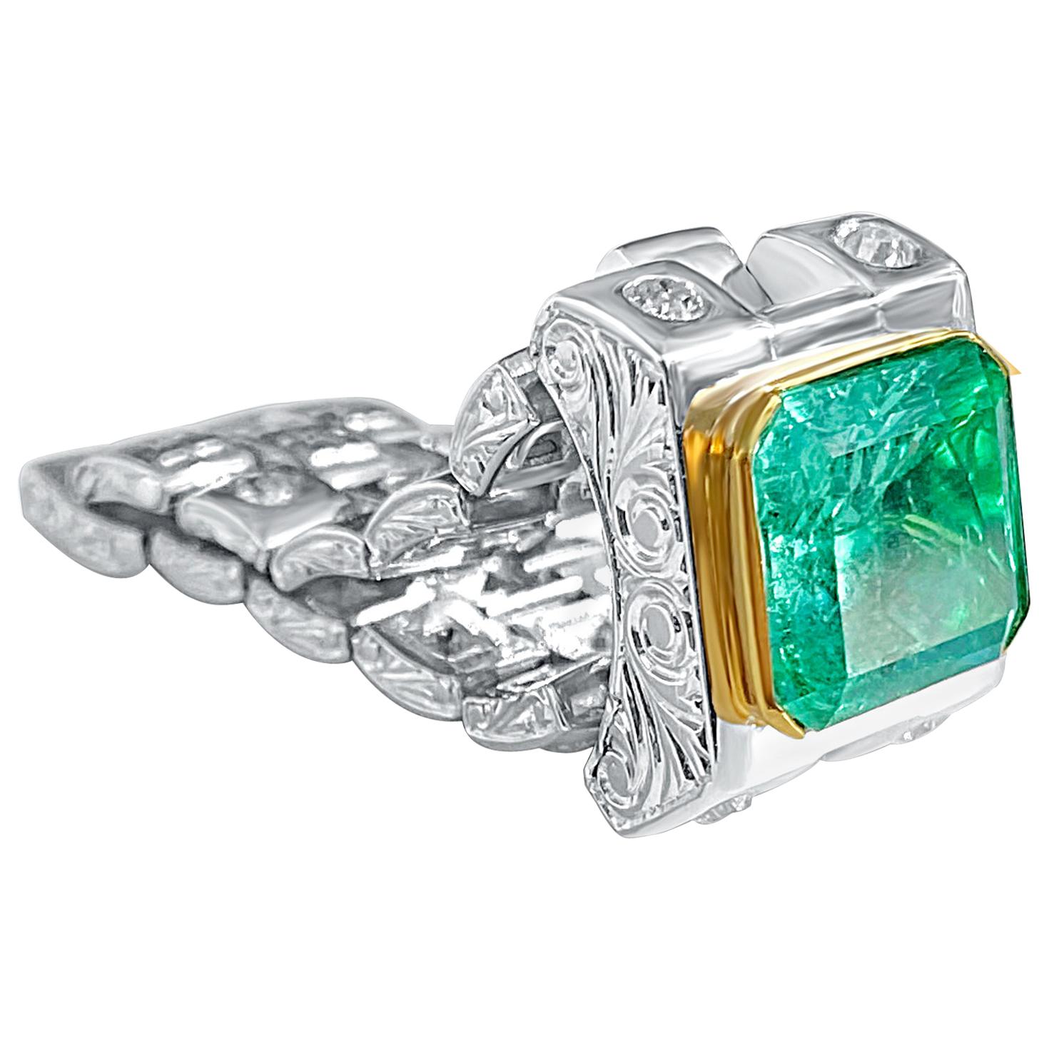 3.75 Carat Emerald-Cut Colombian Emerald and White Diamond Platinum Men
s Ring
