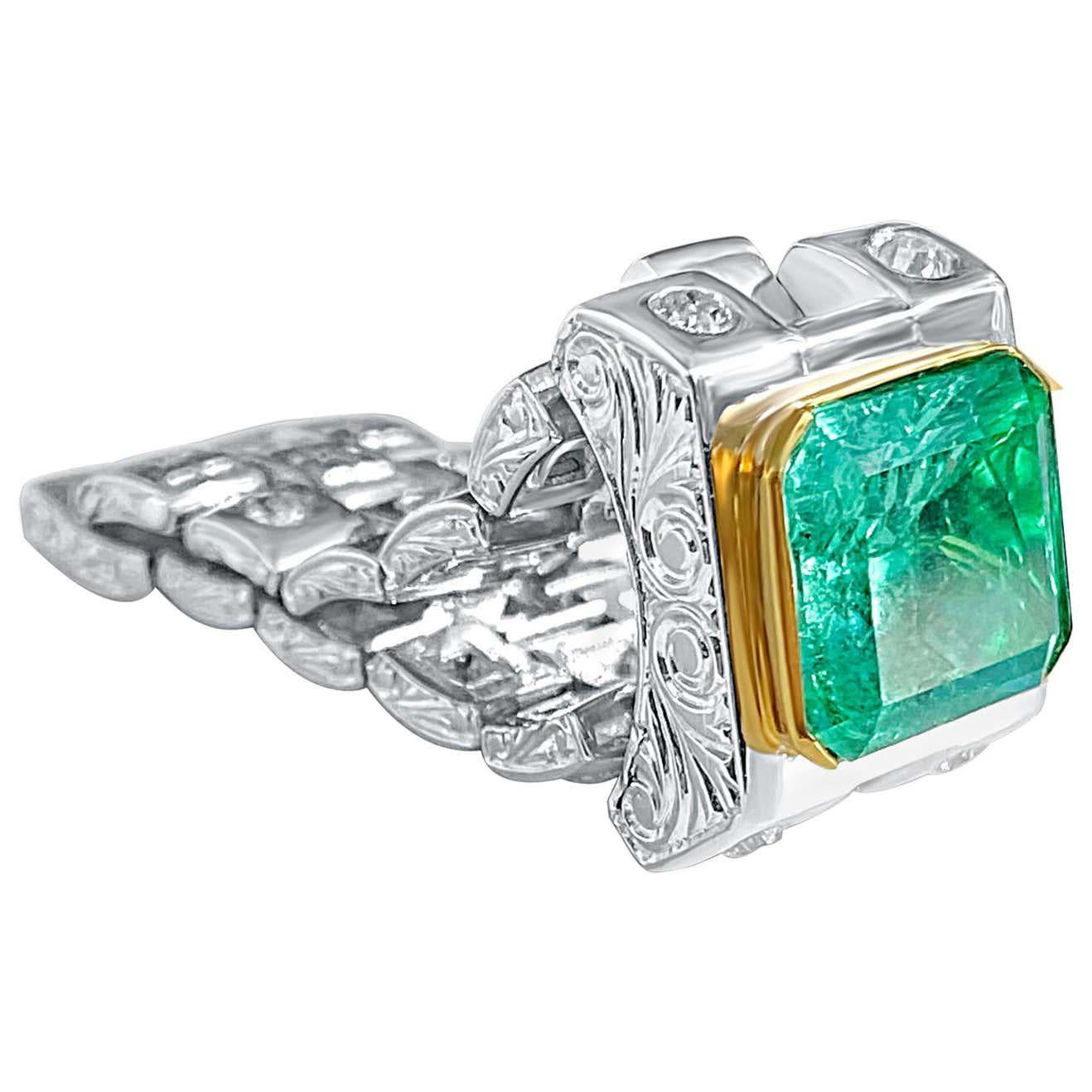 3.75 Carat Emerald-Cut Colombian Emerald and White Diamond Platinum Men's Ring