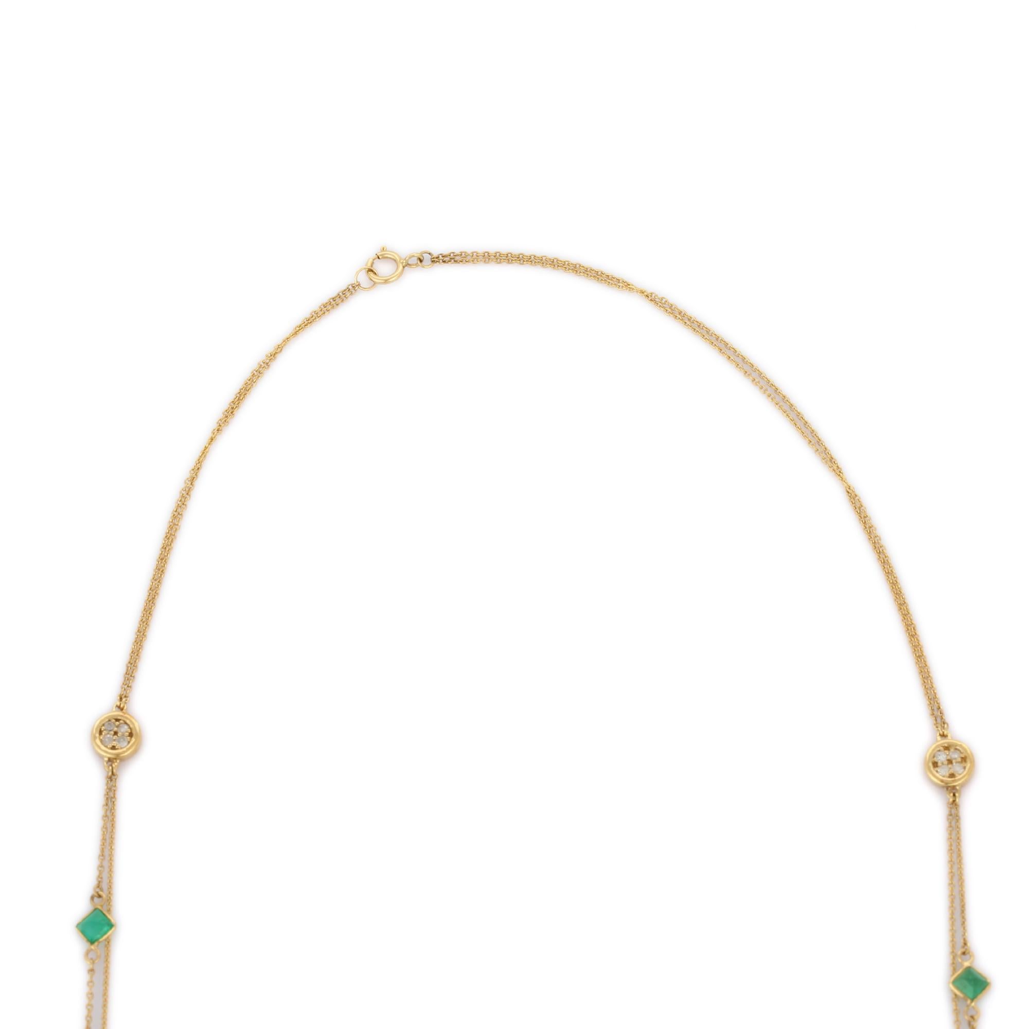 Emerald Necklace in 18K Gold studded with square cut emeralds.
Accessorize your look with this elegant emerald beaded necklace. This stunning piece of jewelry instantly elevates a casual look or dressy outfit. Comfortable and easy to wear, it is