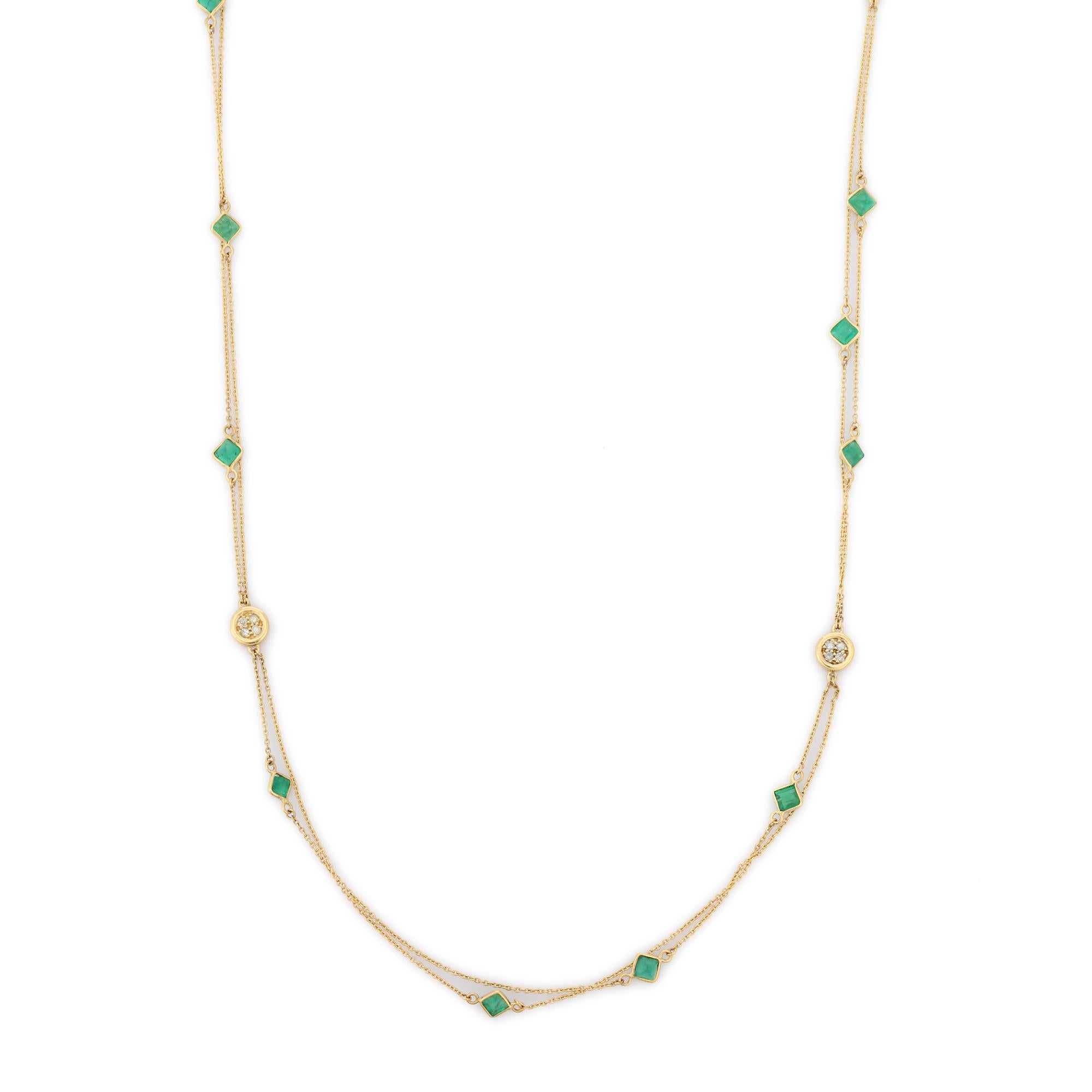 Modern 3.75 Carat Emerald Diamond Multi Strained Chain Necklace in 18K Yellow Gold For Sale