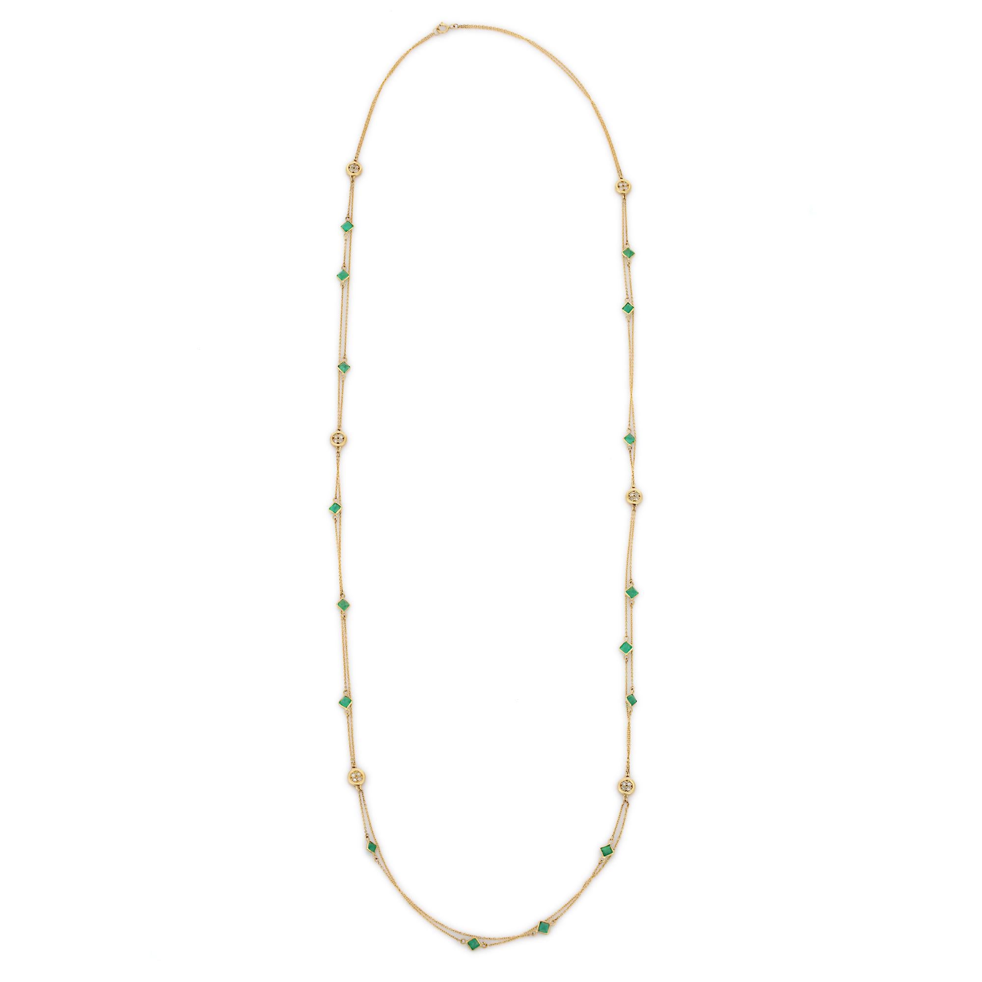 Square Cut 3.75 Carat Emerald Diamond Multi Strained Chain Necklace in 18K Yellow Gold For Sale