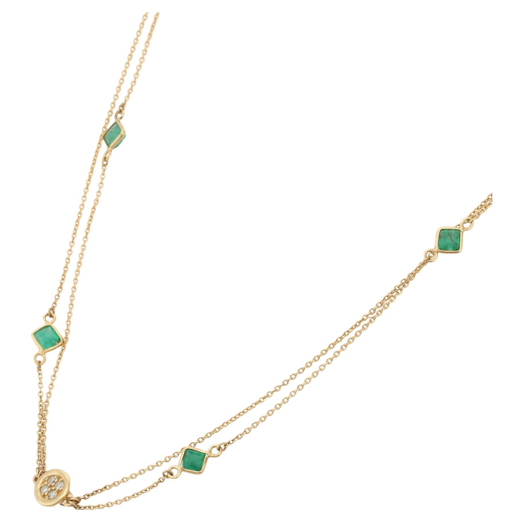 3.75 Carat Emerald Diamond Multi Strained Chain Necklace in 18K Yellow Gold For Sale