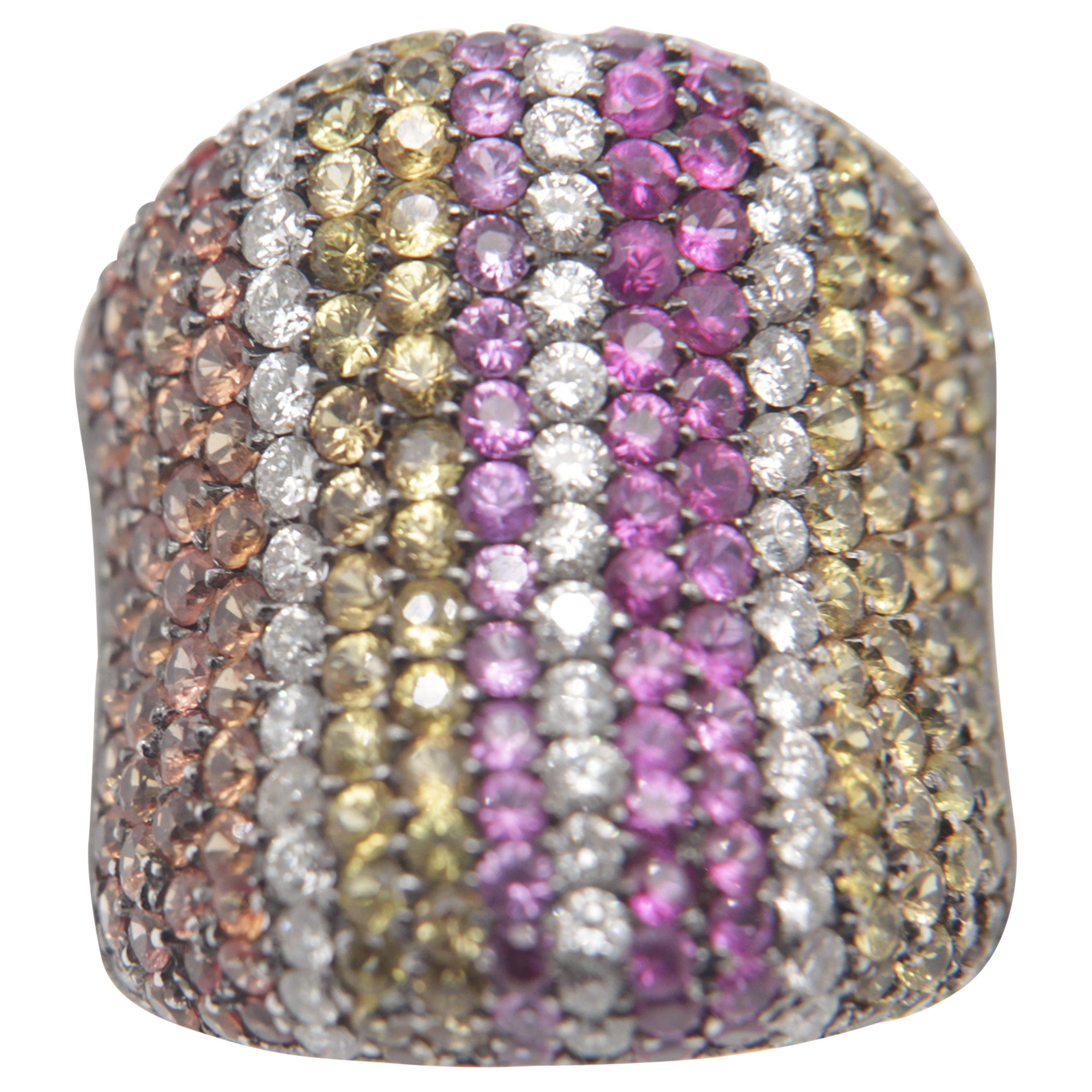 3.75 Carat Multi Sapphire, Garnet and Diamond Ring in 18 Karat Gold For Sale