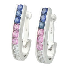 3.75 Carat Multicolored Sapphire Earrings, 14 Karat White Gold J-Hoops Pierced