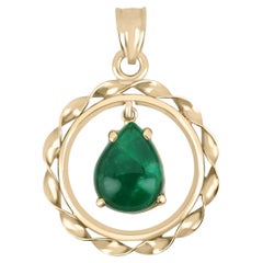 3.75 Carat Natural Emerald Cabochon Vintage Open Circle Solitaire Pendant 14K