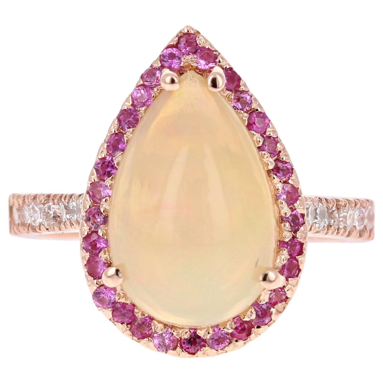 Bague en or rose avec opale naturelle, saphir rose et diamant de 3,75 carats
