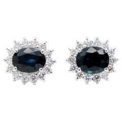 3.75 Carat Oval Blue Sapphire & 0.83 Carat Diamond Halo 18K White Gold Earrings
