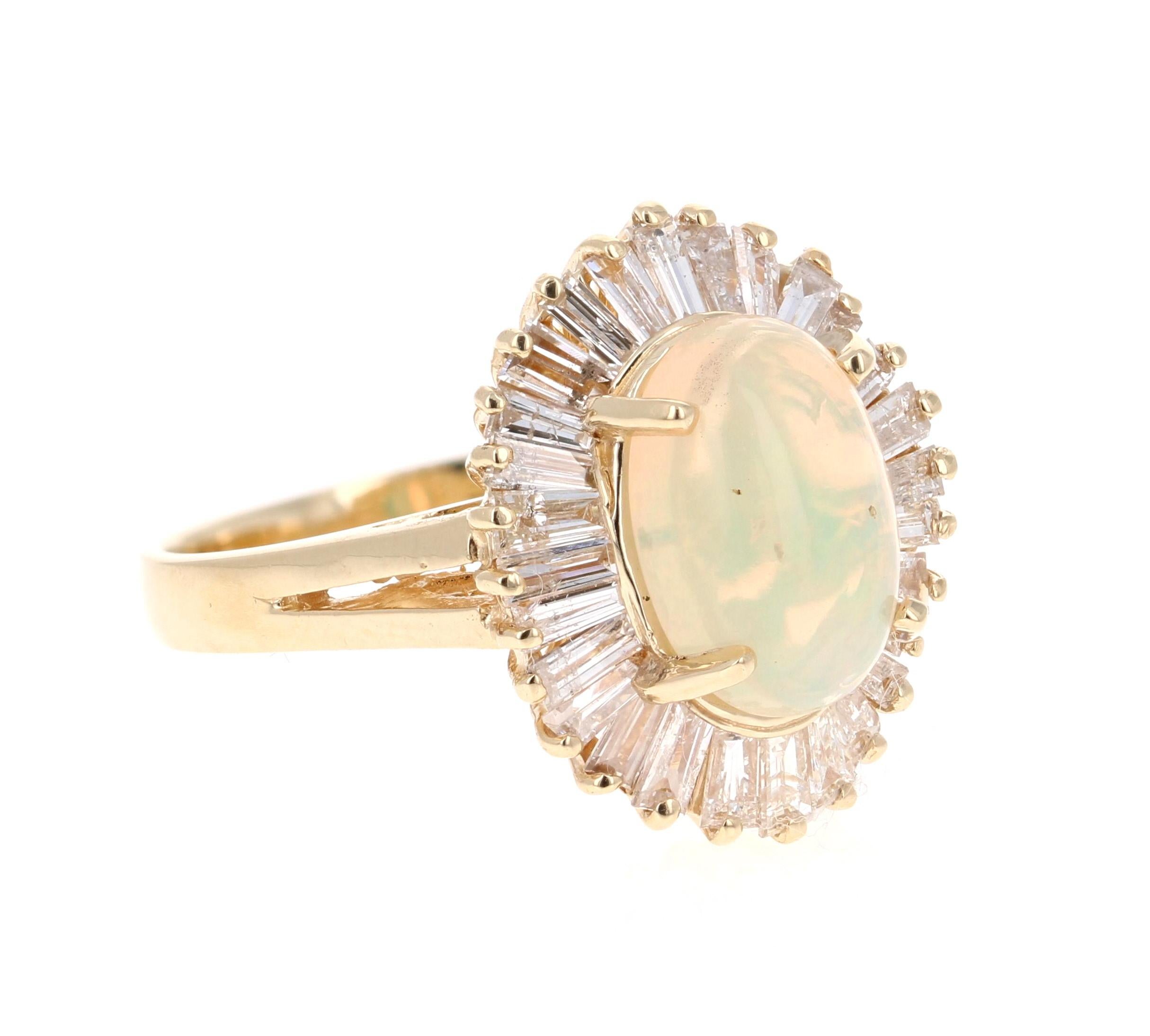 Classic Ballerina Design Opal and Diamond Ring!

This classic ring has a 1.88 carat opulent Opal set in the center of the ring.  The Opal displays flashes of Green and Orange hues.  The Opal is surrounded by a row of  38 Baguette Cut Diamonds that