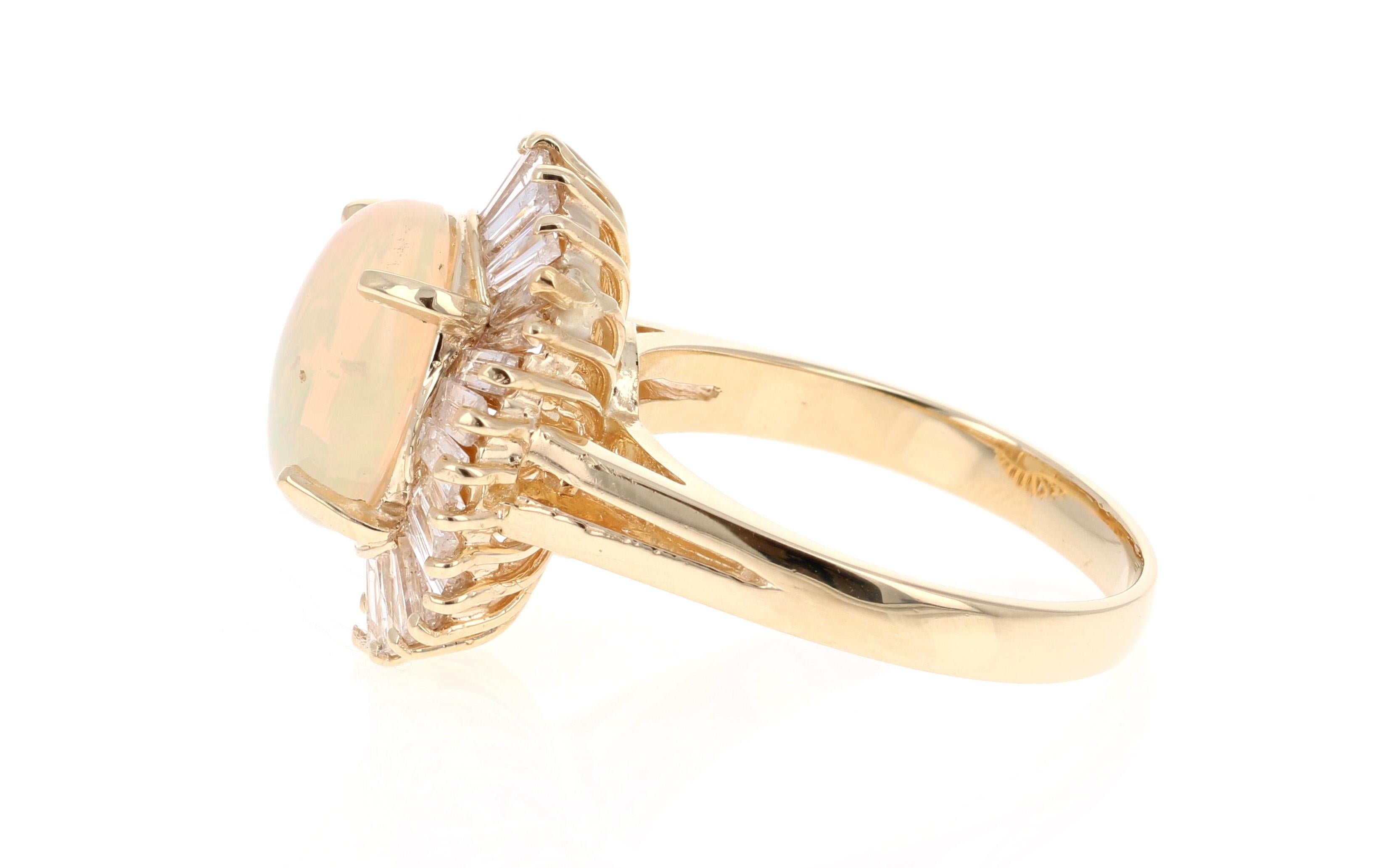 Ballerina-Ring aus 14 Karat Gelbgold mit Opal und Diamant im Baguetteschliff von 3::75 Karat im Ovalschliff (Klassisch-römisch)