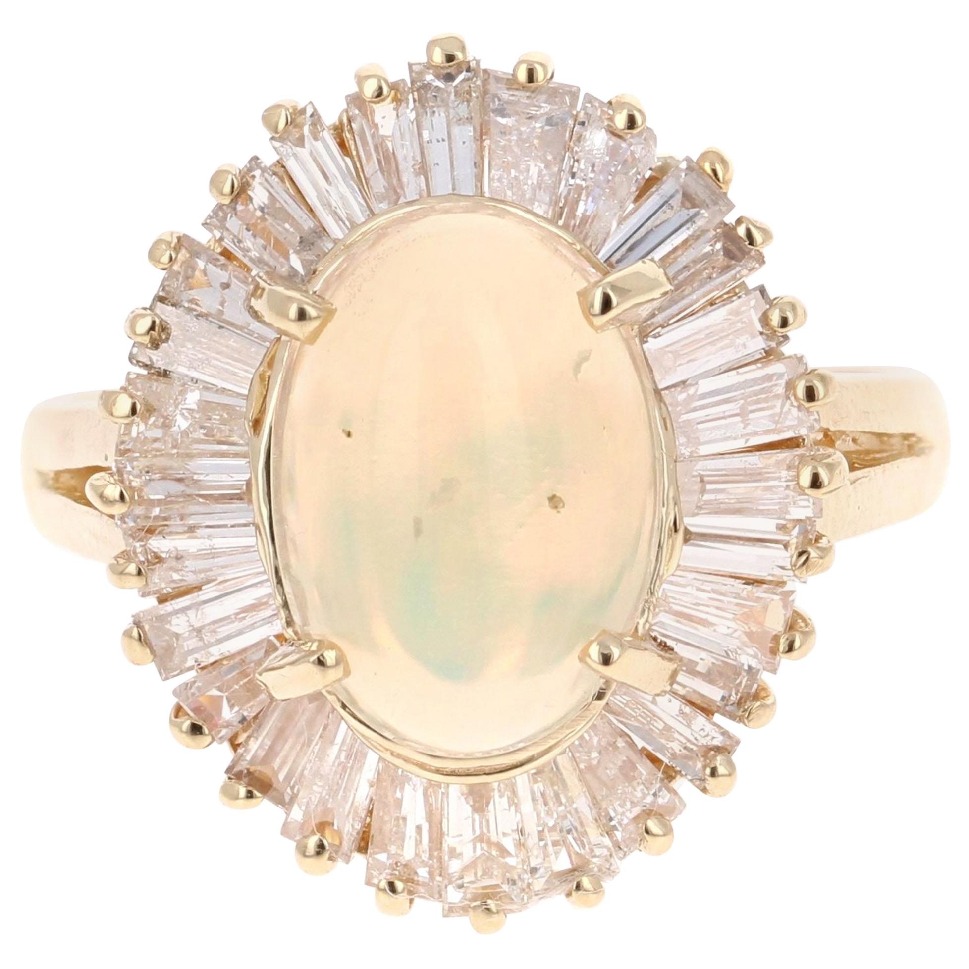 Ballerina-Ring aus 14 Karat Gelbgold mit Opal und Diamant im Baguetteschliff von 3::75 Karat im Ovalschliff