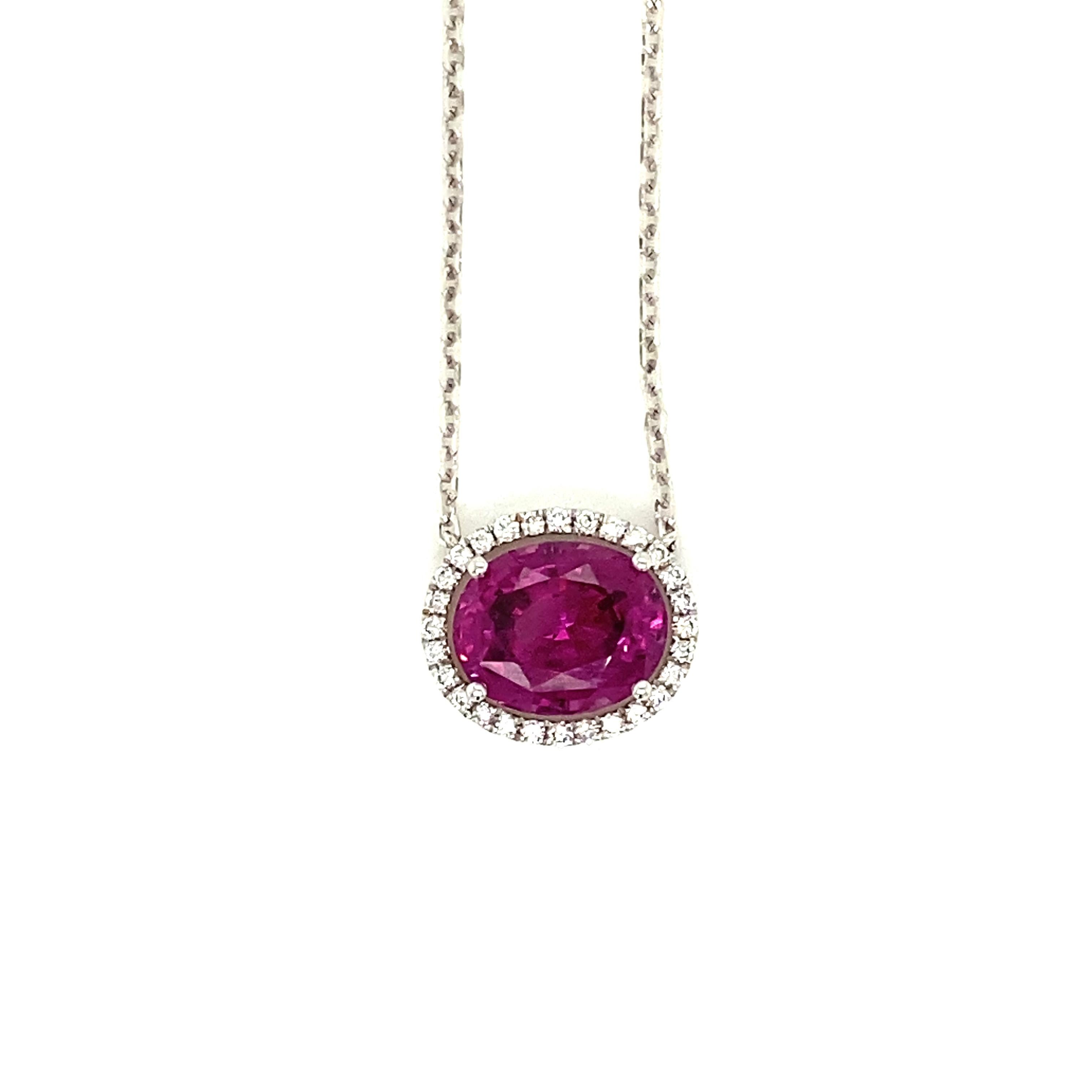 3.75 Carat Oval-Cut Vivid Pink-Purple Garnet and White Diamond Pendant Necklace:

A beautiful pendant necklace, it features a 3.75 carat oval-cut vivid pink-purple garnet in the centre surrounded by a halo of white round-brilliant cut diamonds
