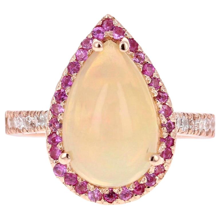 3.75 Carat Pear Cut Opal Pink Sapphire Diamond 18 Karat Rose Gold Ring For Sale