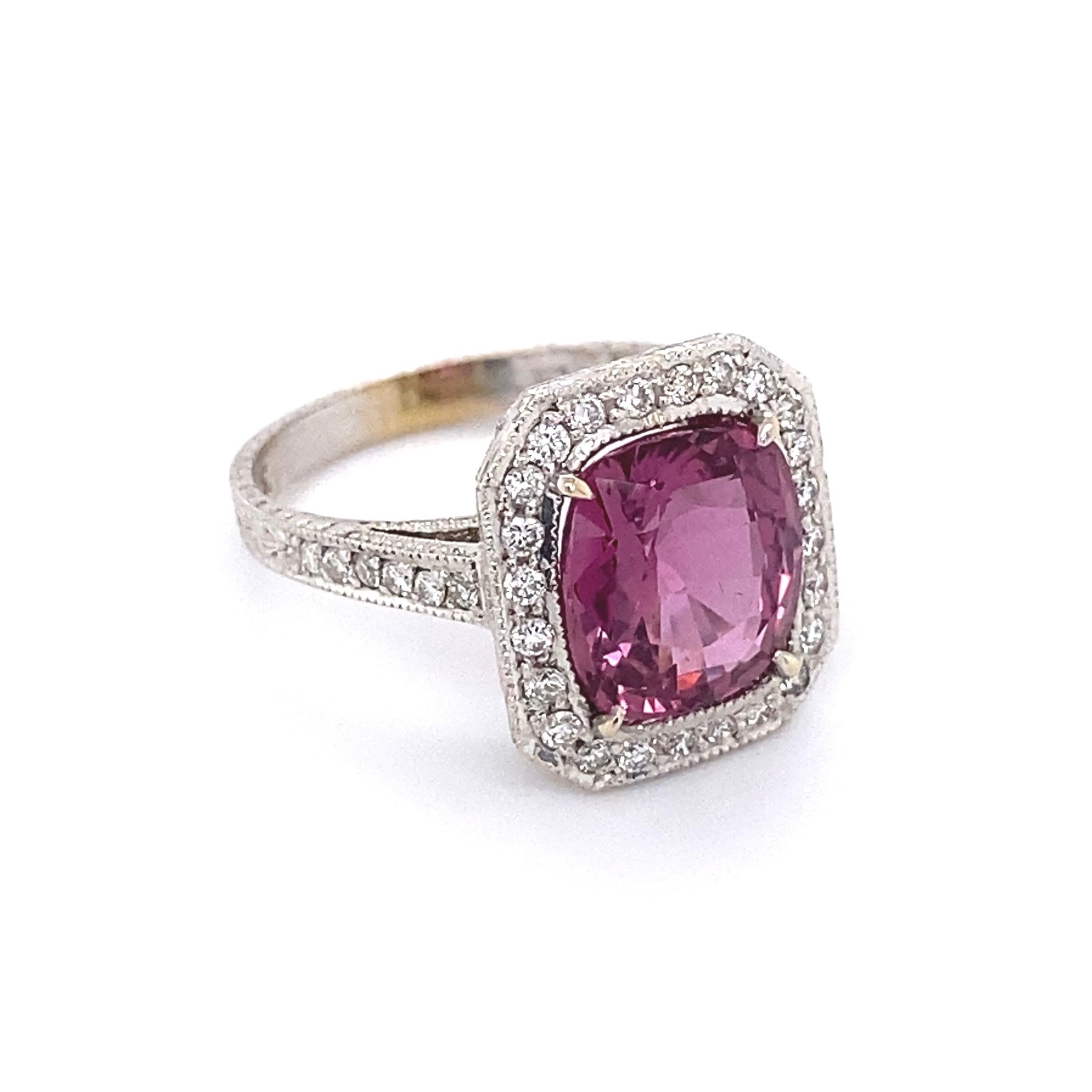 Cushion Cut 3.75 Carat Pink Cushion Sapphire and Diamond Gold Ring Estate Fine Jewelry  For Sale