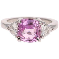 GIA Certified 3.75 Carat Pink Sapphire Diamond 14 Karat White Gold 3-Stone Ring