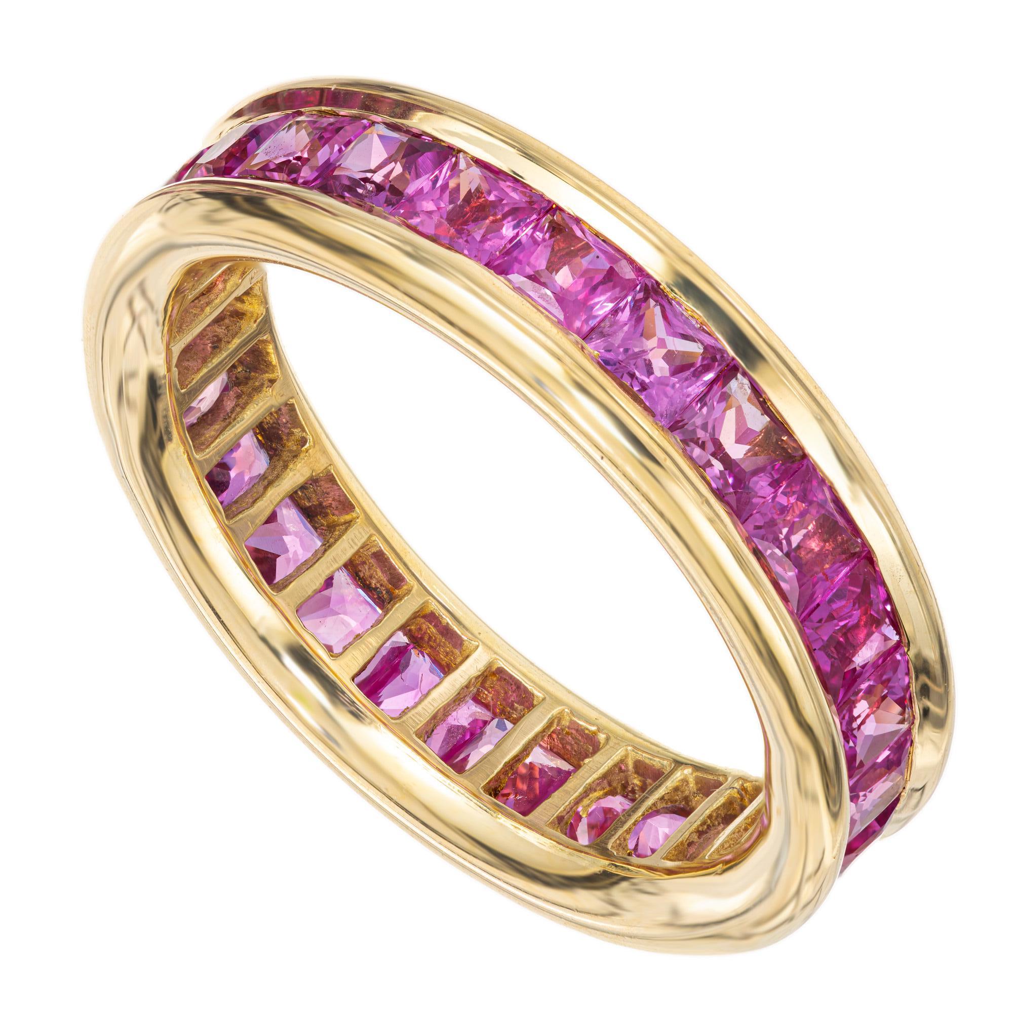 Modern 3.75 Carat Princess Cut Pink Sapphire Gold Eternity Wedding Band Ring For Sale