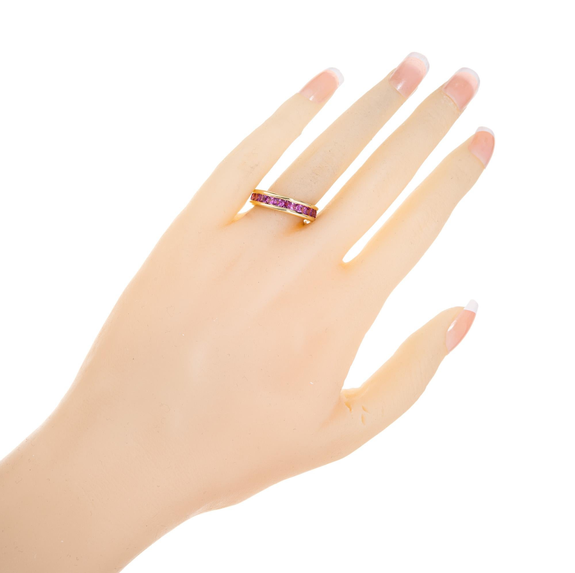 Women's 3.75 Carat Princess Cut Pink Sapphire Gold Eternity Wedding Band Ring For Sale