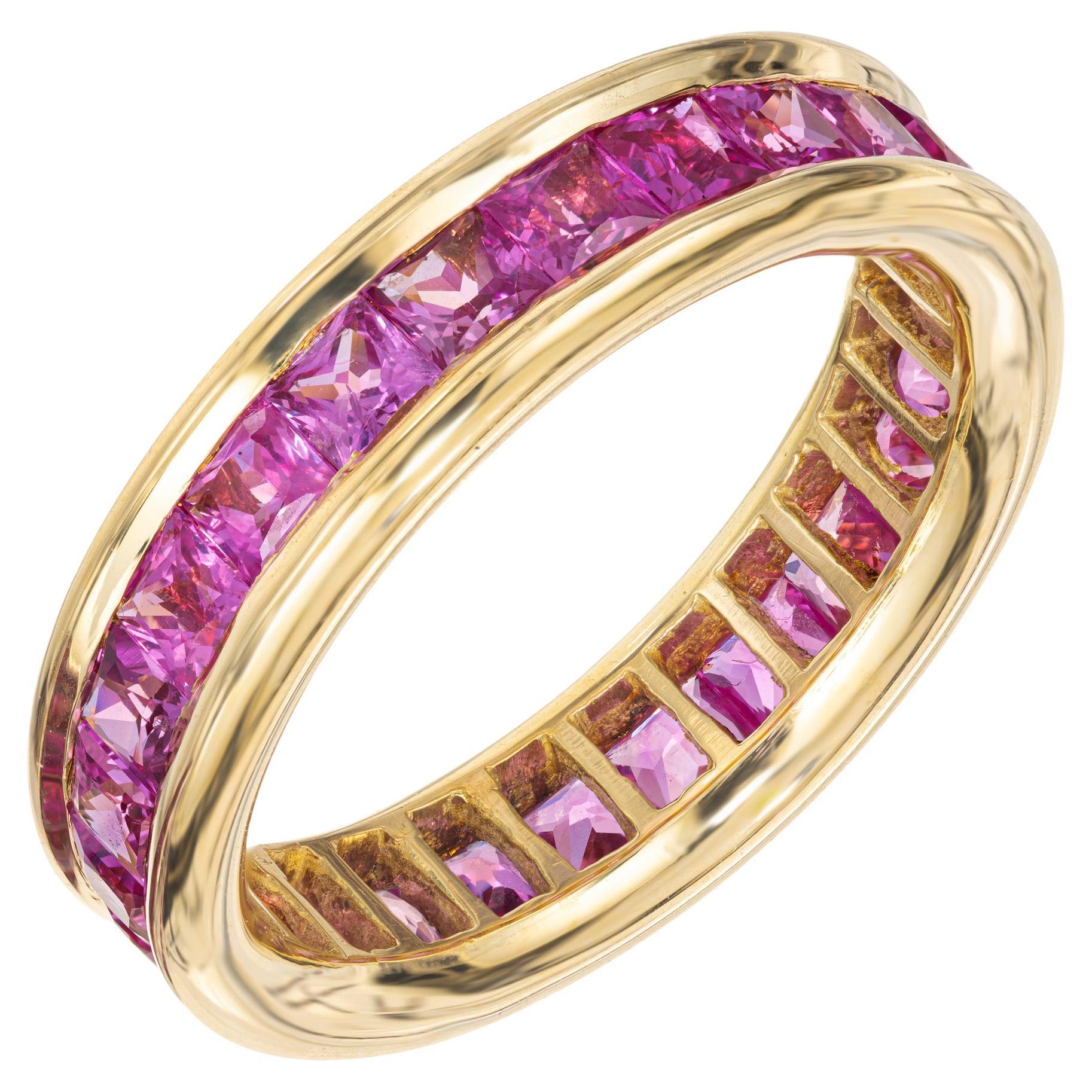 3.75 Carat Princess Cut Pink Sapphire Gold Eternity Wedding Band Ring For Sale