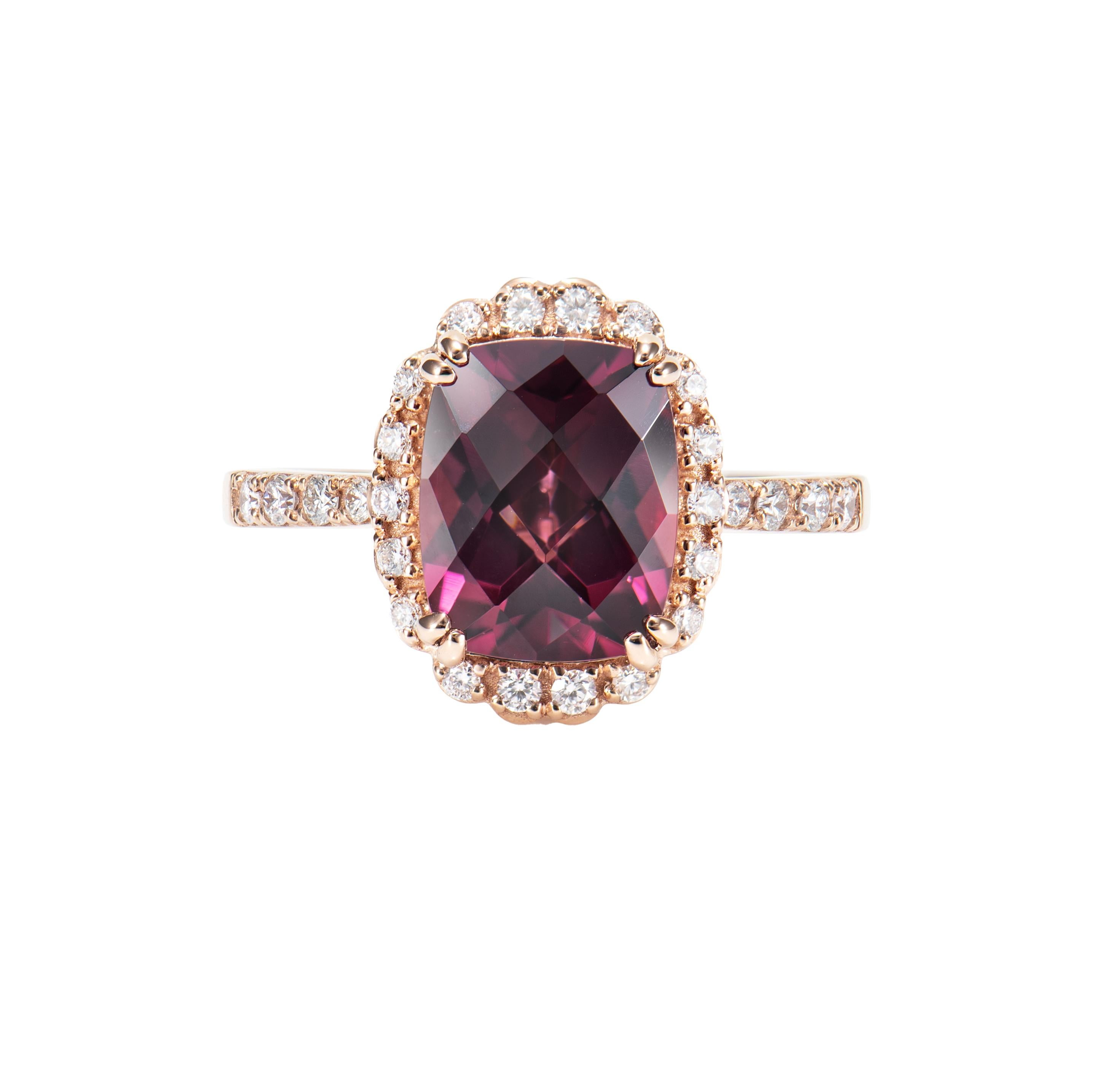 Contemporary 3.75 Carat Rhodolite Cocktail Ring in 18 Karat Rose Gold with Diamond. For Sale