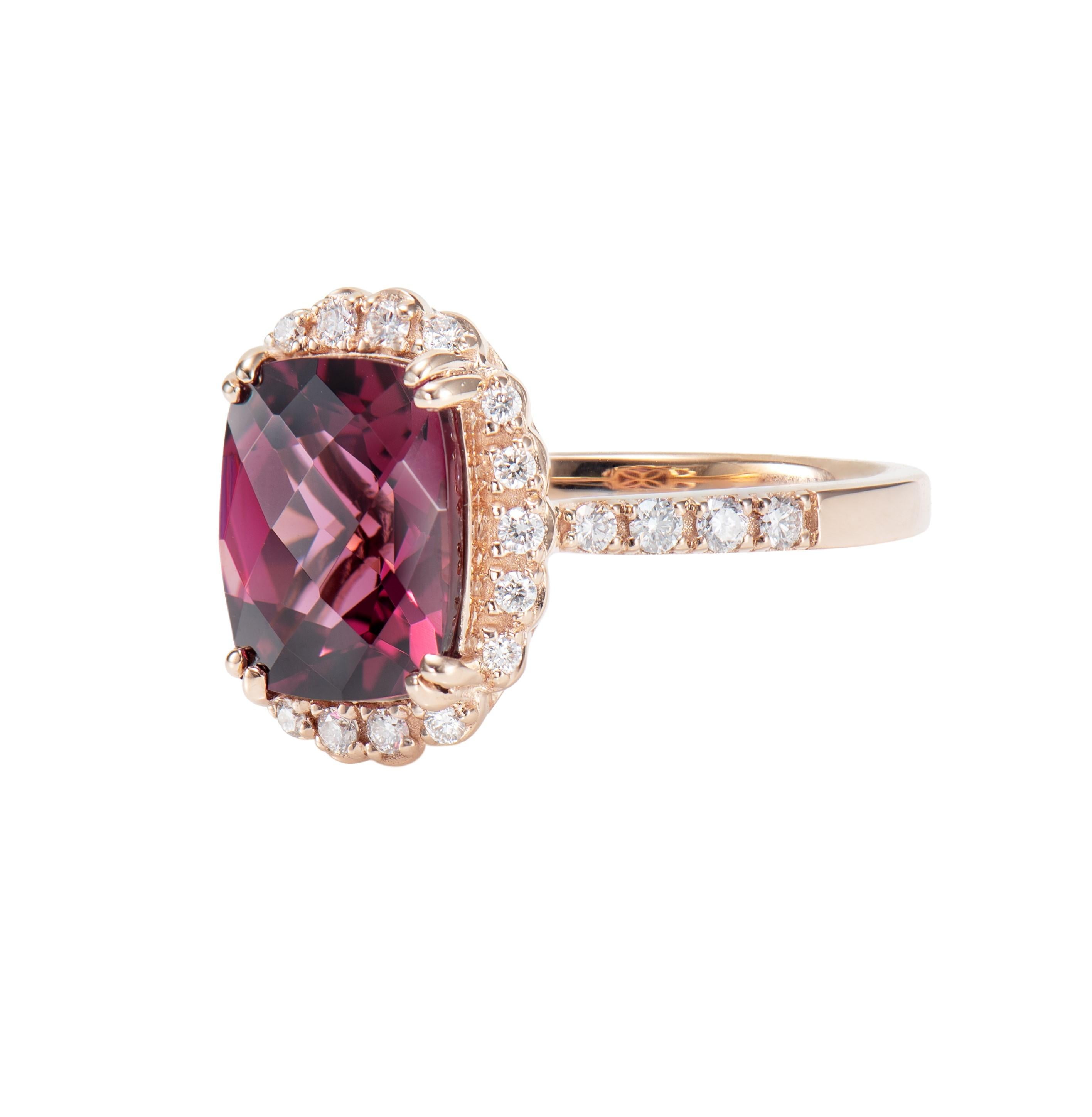 Pear Cut 3.75 Carat Rhodolite Cocktail Ring in 18 Karat Rose Gold with Diamond. For Sale