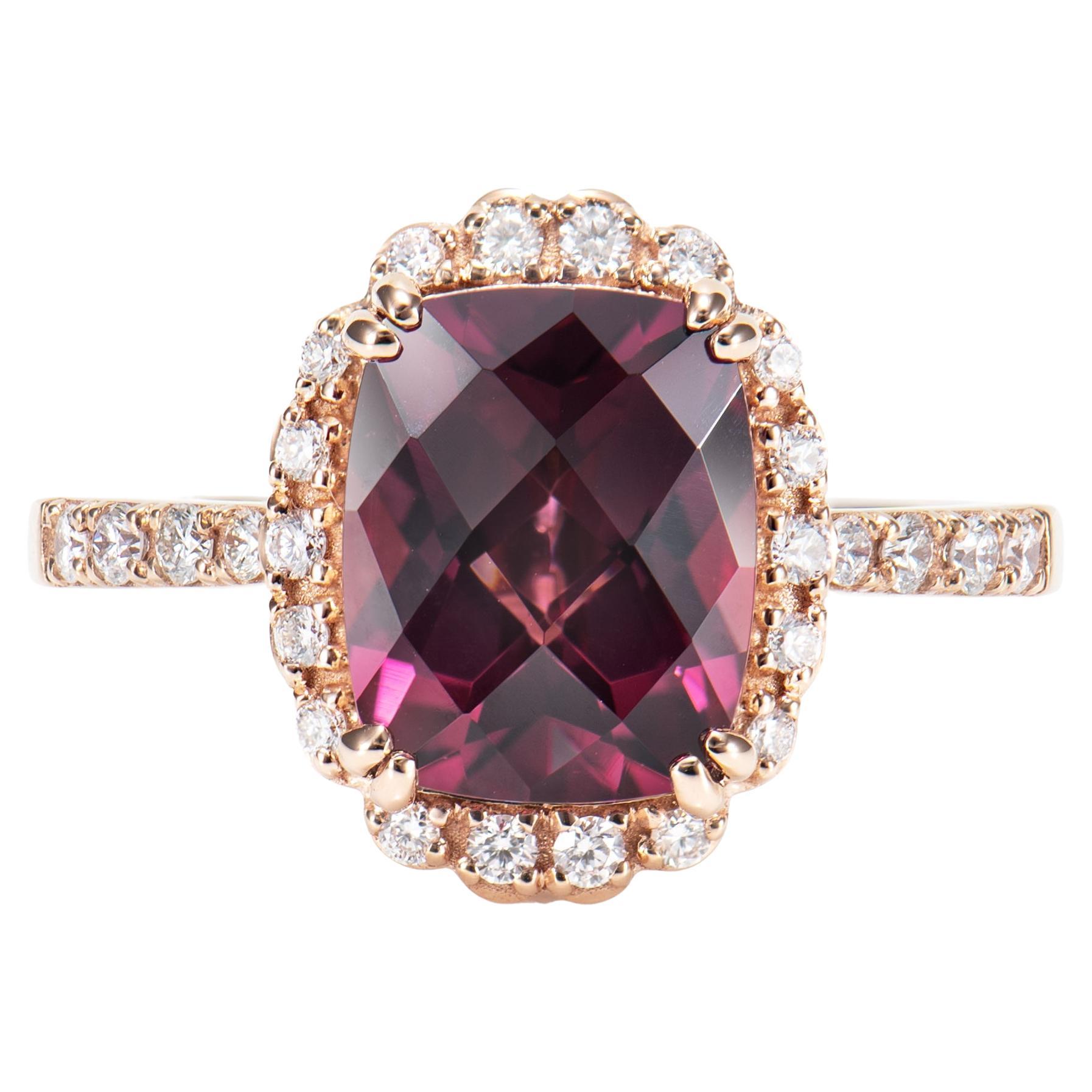 3.75 Carat Rhodolite Cocktail Ring in 18 Karat Rose Gold with Diamond.