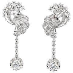 Pendientes colgantes vintage de diamante redondo solitario de 2,25 quilates