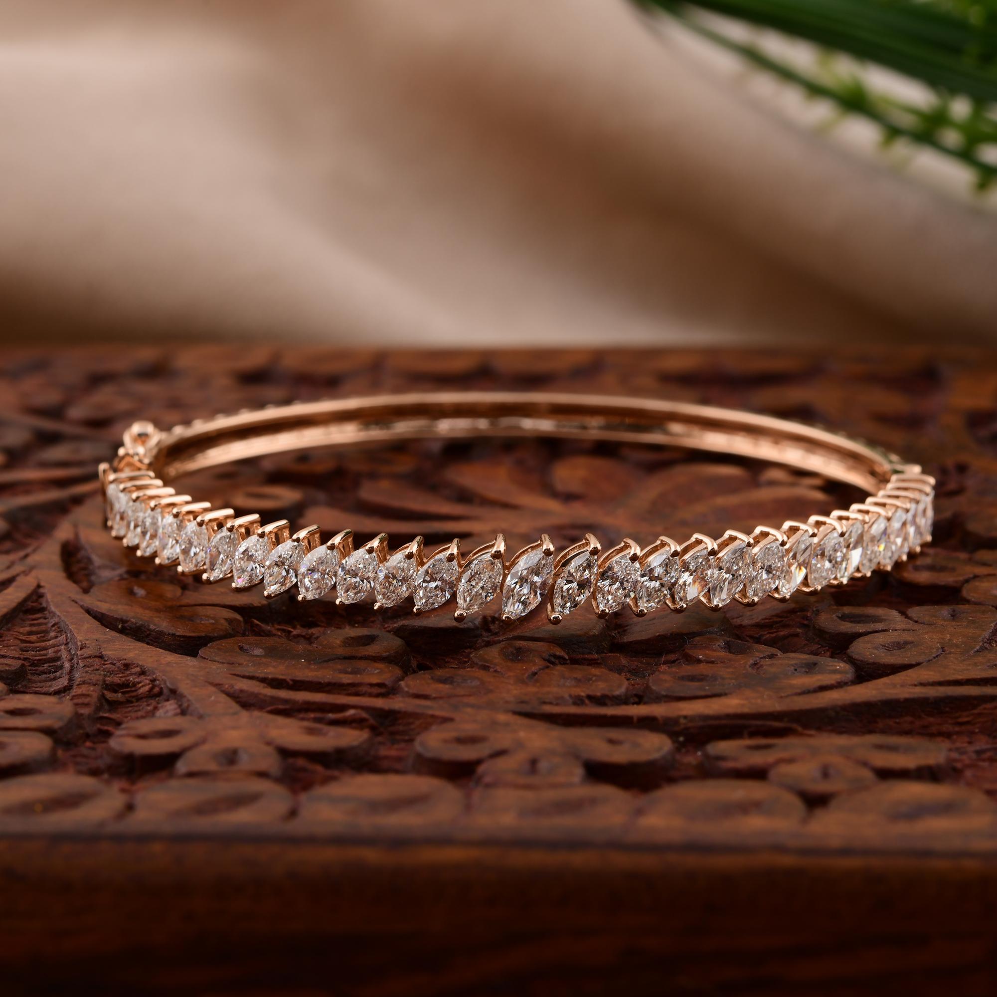 Modern 3.75 Carat SI/H Marquise Brilliant Cut Diamond Bangle Bracelet 14k Rose Gold For Sale