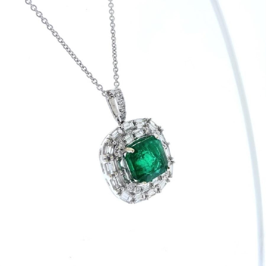 This pendant is a true embodiment of luxury and sophistication. Crafted in 18 karat white gold, it features a magnificent 3.75 carat square emerald-shaped green emerald as its centerpiece. The emerald's vivid green hue is captivating, exuding a