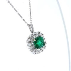 3.75 Carat Square Emerald Shape Green Emerald & Diamond Pendants In 18k White Go