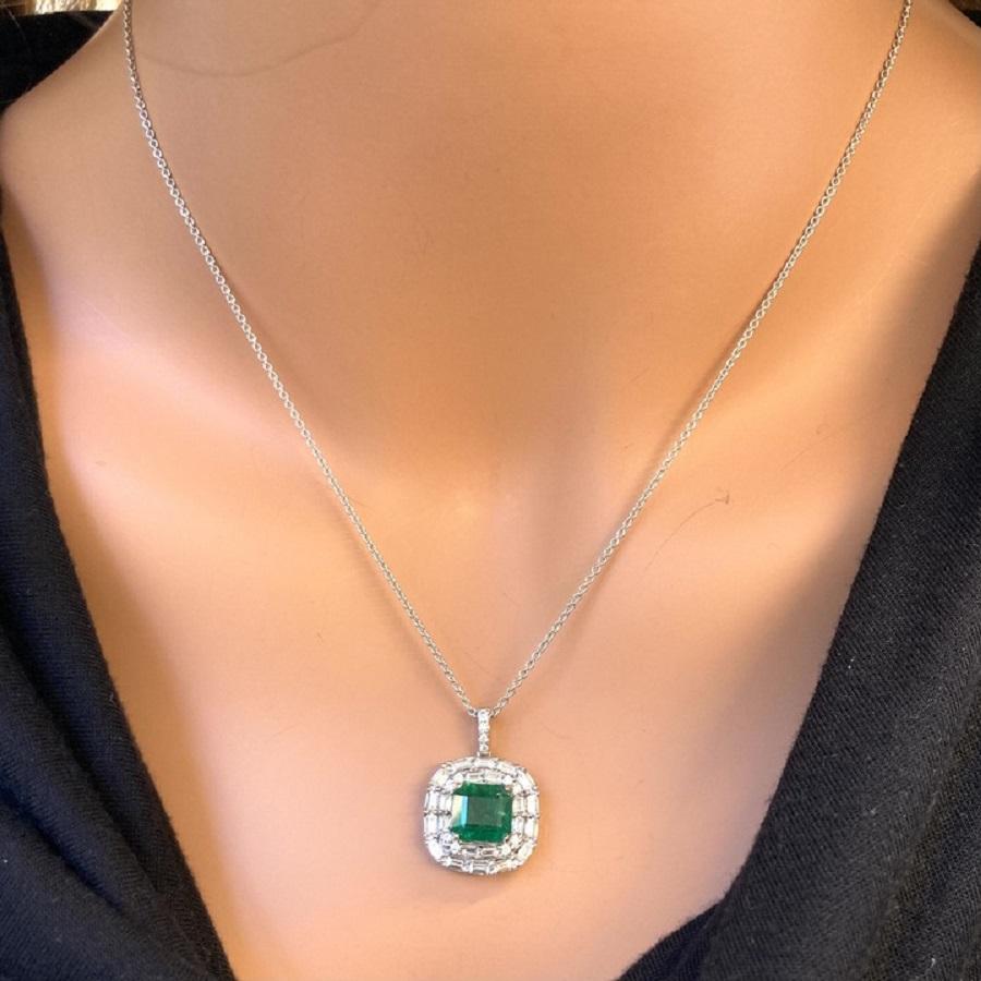 Emerald Cut 3.75 Carat Square Emerald Shape Green Emerald & Diamond Pendants In 18k White Go For Sale