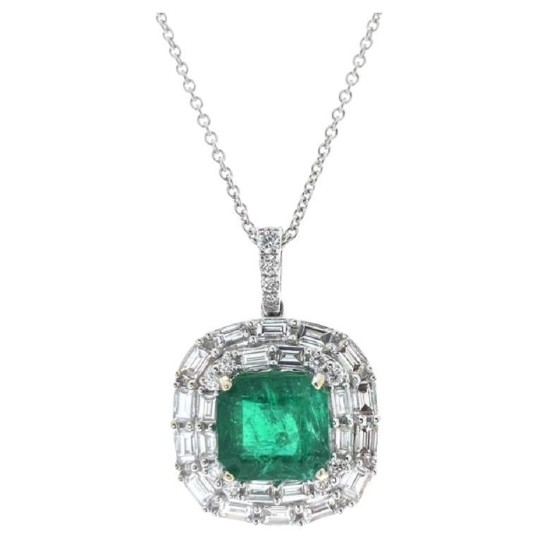 3.75 Carat Square Emerald Shape Green Emerald & Diamond Pendants In 18k White Go For Sale