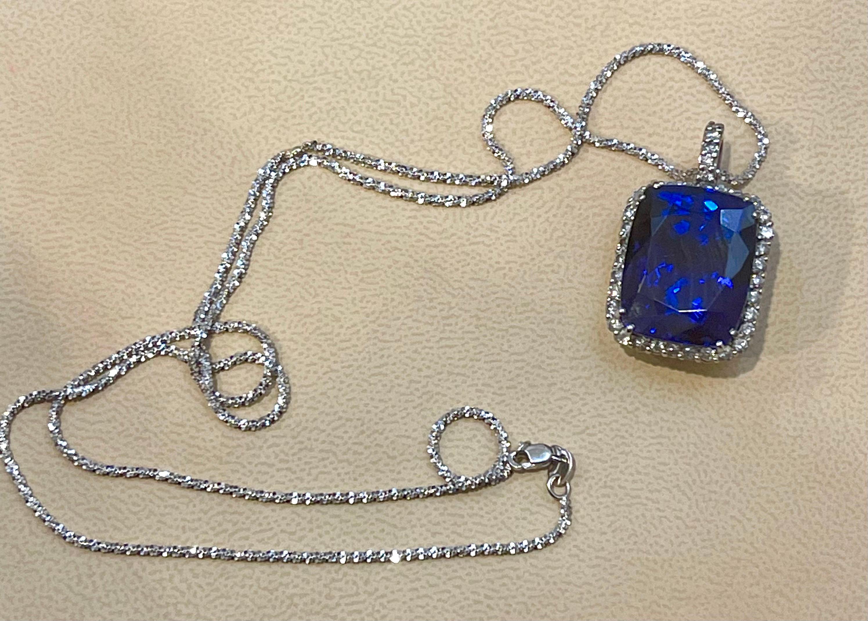 37.5 Carat Tanzanite Necklace & Diamond Pendant with Chain 14 Karat White Gold For Sale 5