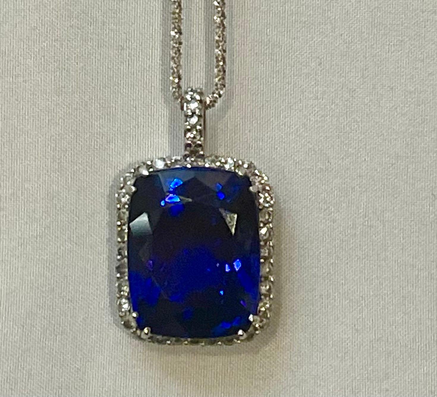 37.5 Carat Tanzanite Necklace & Diamond Pendant with Chain 14 Karat White Gold For Sale 9