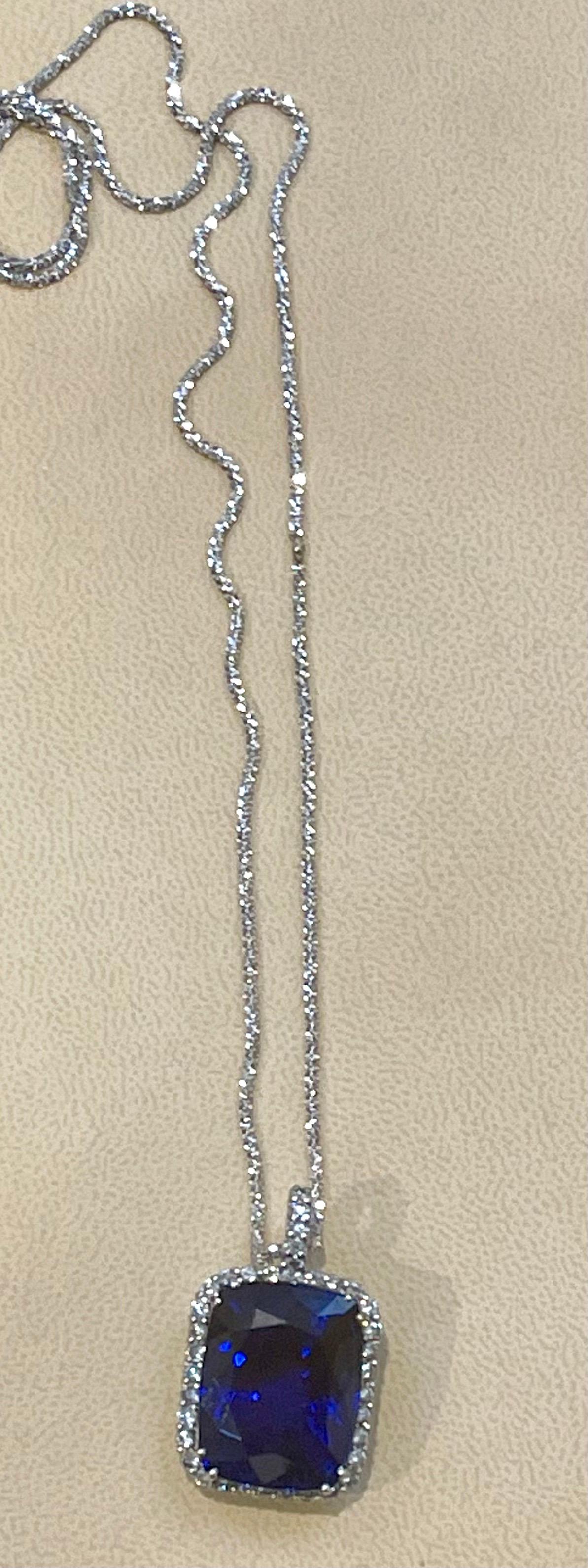 37.5 Carat Tanzanite Necklace & Diamond Pendant with Chain 14 Karat White Gold For Sale 10
